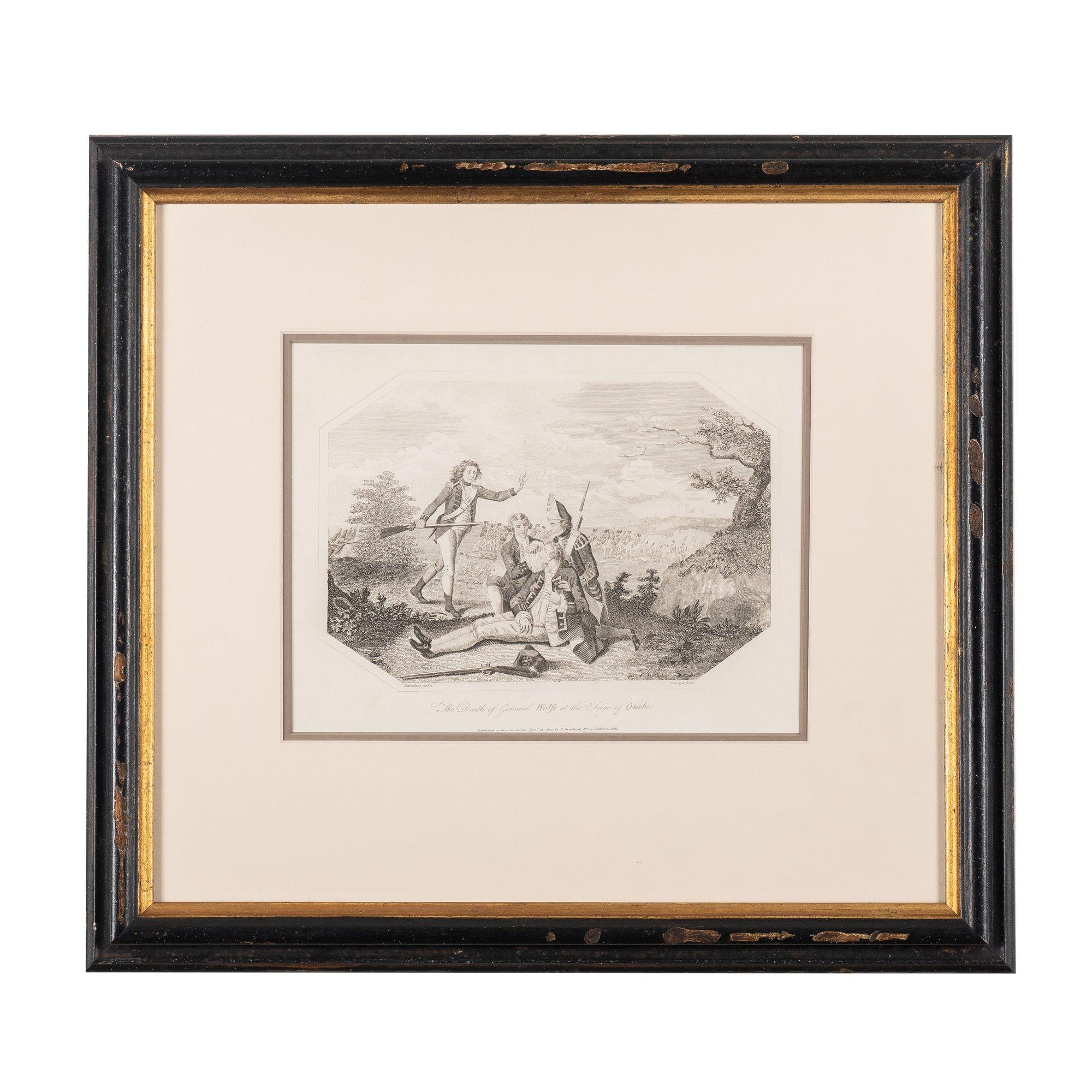 Paar Radierungen und Kupferstiche auf Bütten von William Grainger (1765-1809), nach William Hamilton.

Tod von General Wolfe bei der Belagerung von Quebec: Der General sitzt aufrecht, gestützt von einem Offizier, der neben ihm kniet, während ein