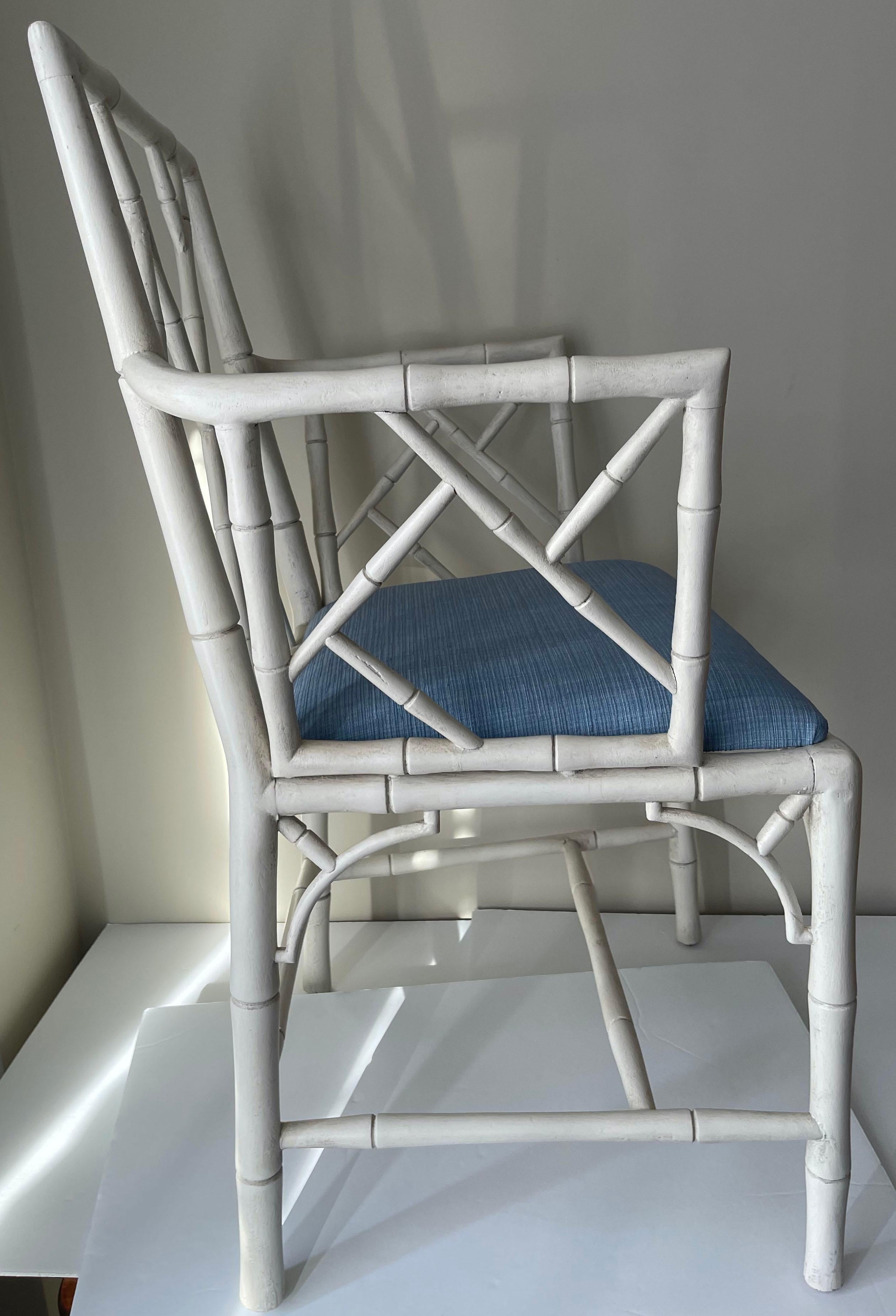 Fabric Pair of English Faux Bamboo Chinoiserie White Armchairs For Sale