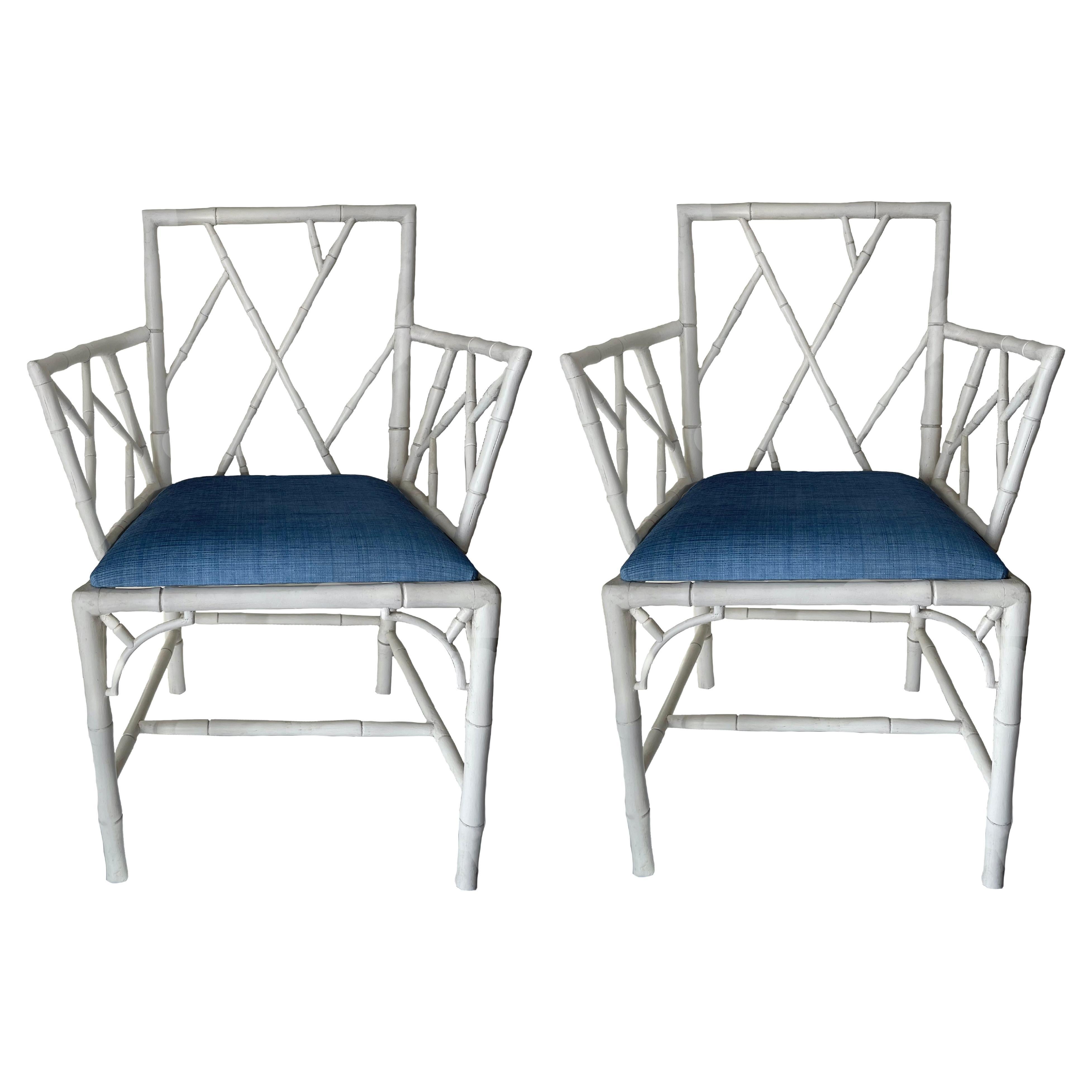 Pair of English Faux Bamboo Chinoiserie White Armchairs