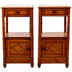 Antique Pair of English Faux Bamboo Marble-Top Nightstands