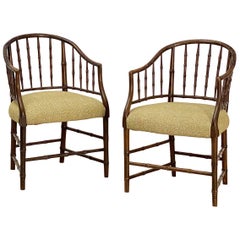 Pair of English Faux Bamboo Upholstered Armchairs 'Priced Individually'