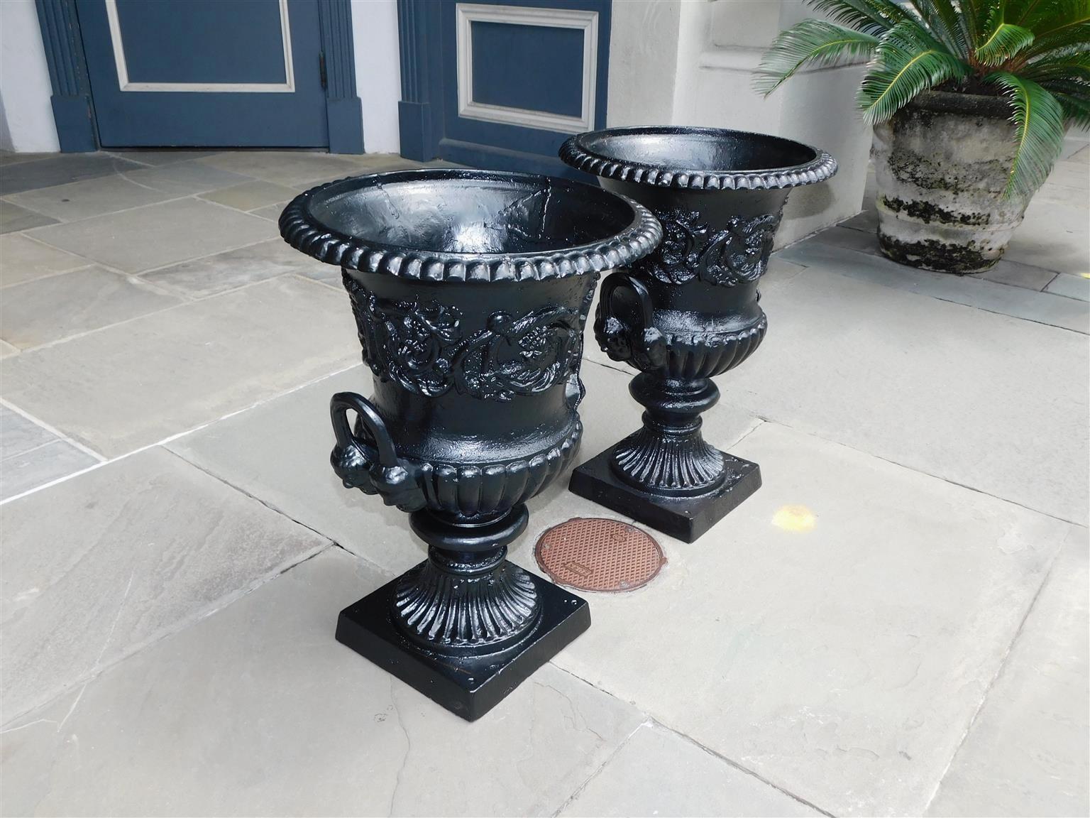 Victorian Pair of English Figural Cast Iron and Painted Campana-Form Urns, Circa 1880 For Sale