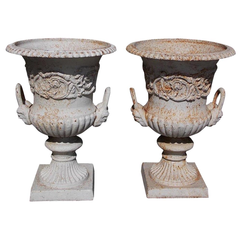 Pair of English Figural Cast Iron and Painted Campana-Form Urns, Circa 1880