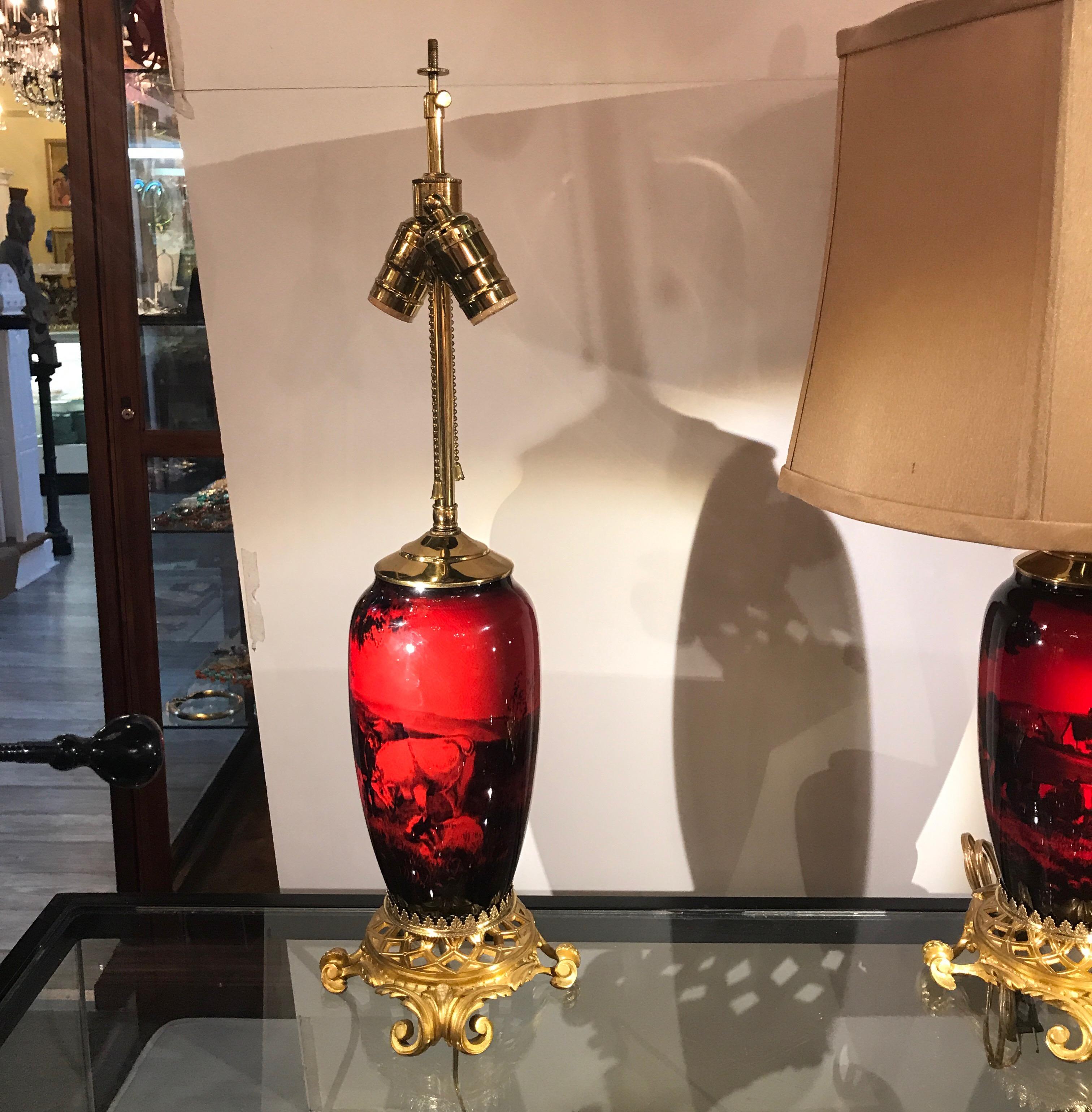 Early 20th Century Pair of English Flambé Doulton Vases as Lamps