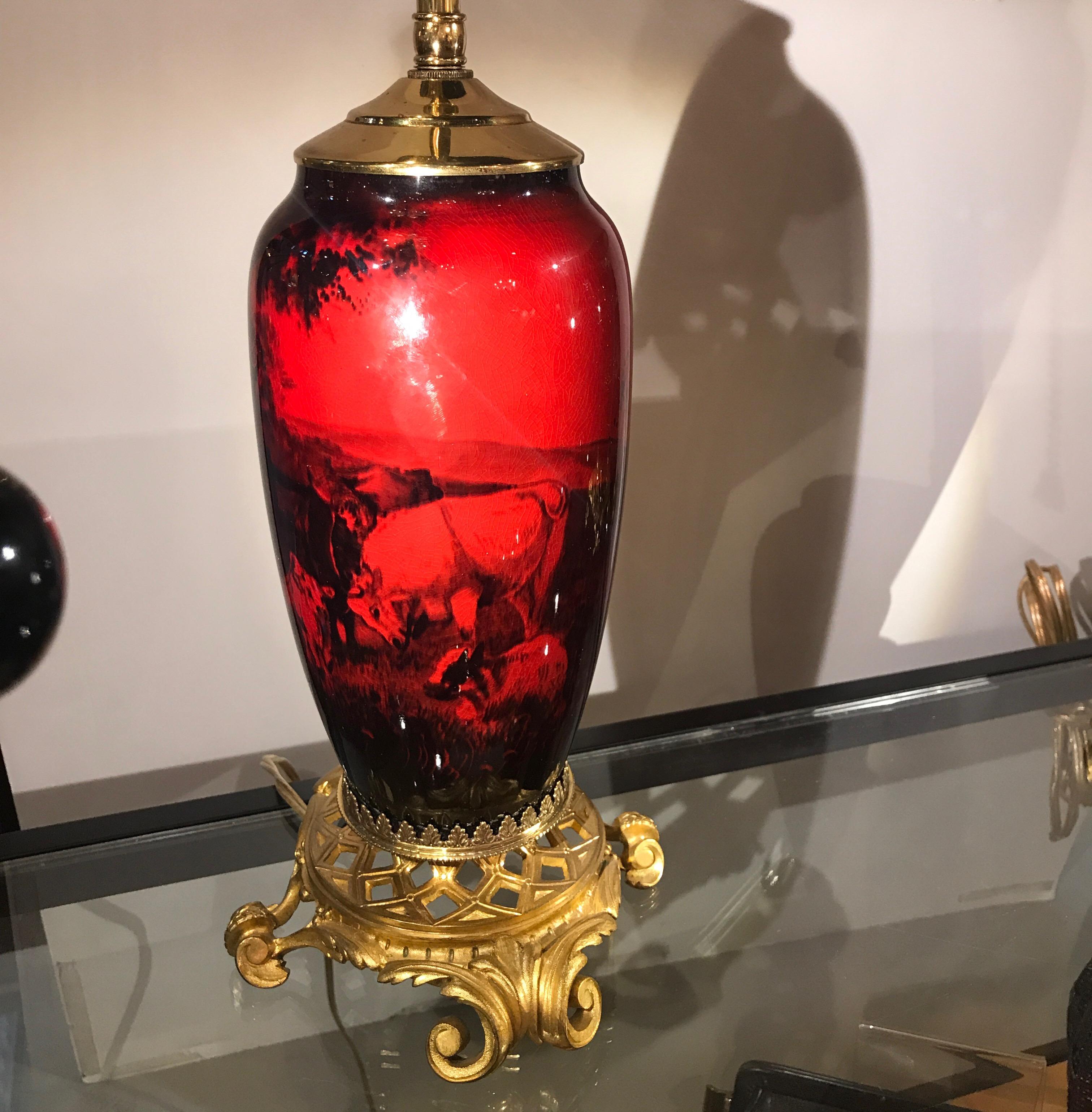Porcelain Pair of English Flambé Doulton Vases as Lamps