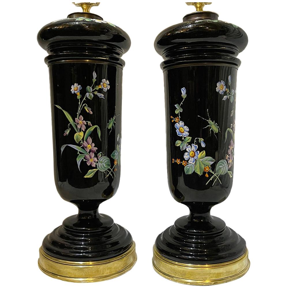 Pair of English Floral Lamps For Sale