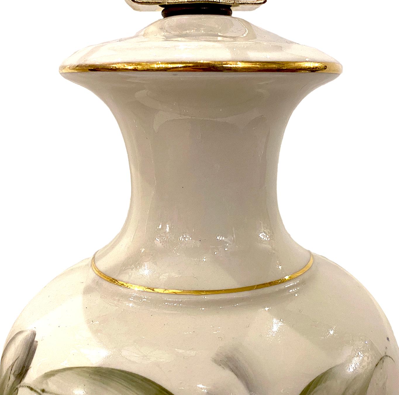 Gilt Pair of English Floral Motif Porcelain Table Lamps For Sale