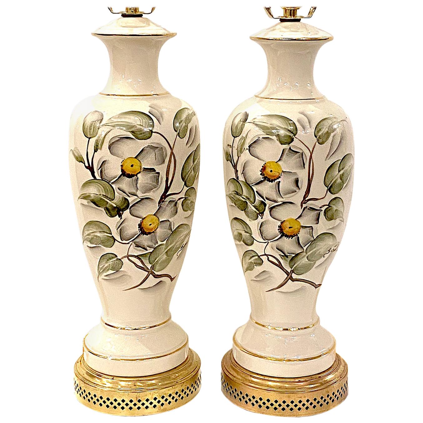 Pair of English Floral Motif Porcelain Table Lamps For Sale