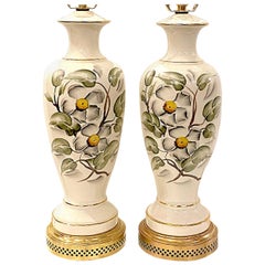 Pair of English Floral Motif Porcelain Table Lamps