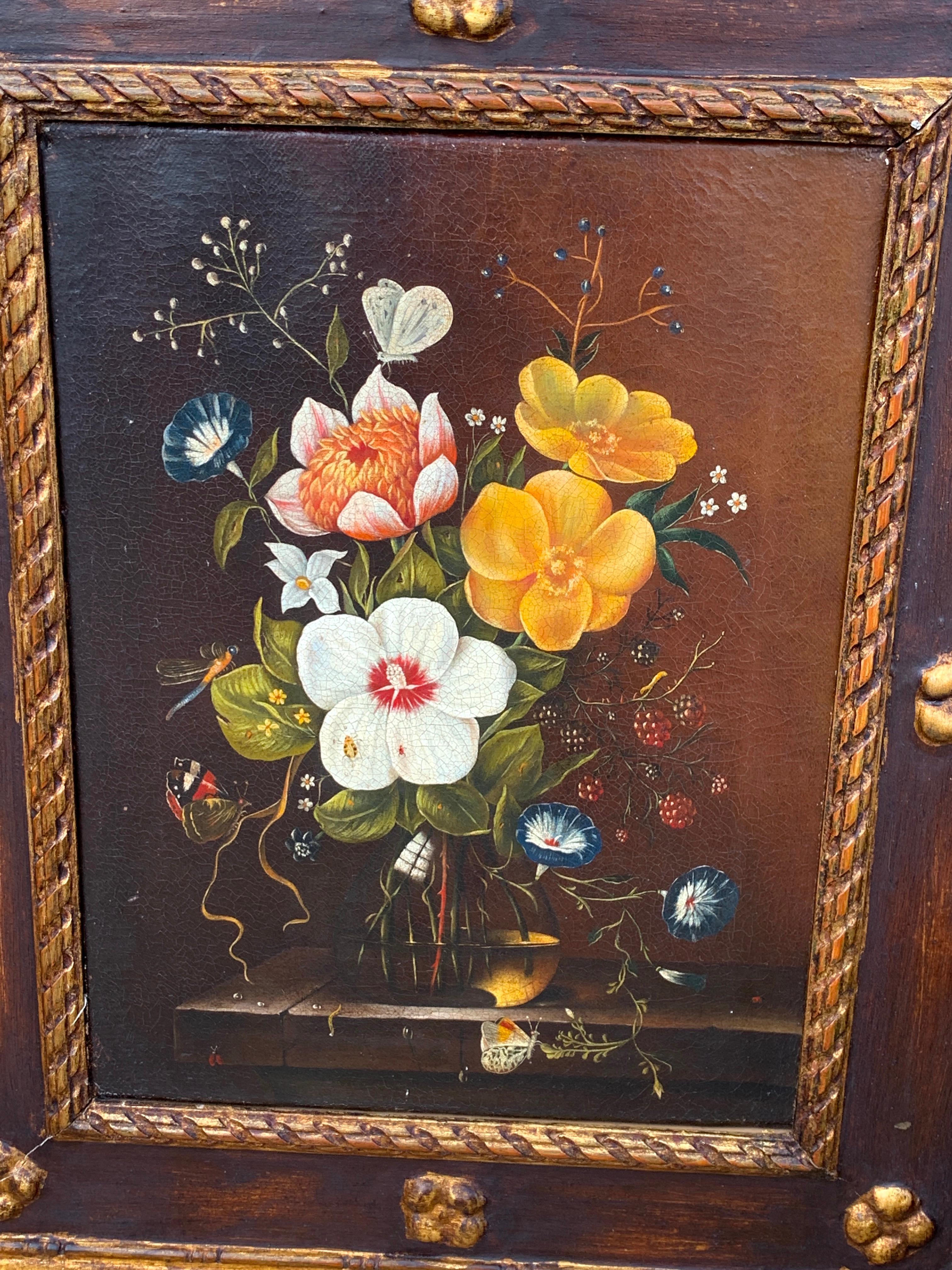 Pair of English floral still life paintings in the style of Cecil Kennedy
Each one realistically painted in the style of framed British Artist Cecil Kennedy, British, 1905-1997 with specimen flowers and assorted butterflies and insects.