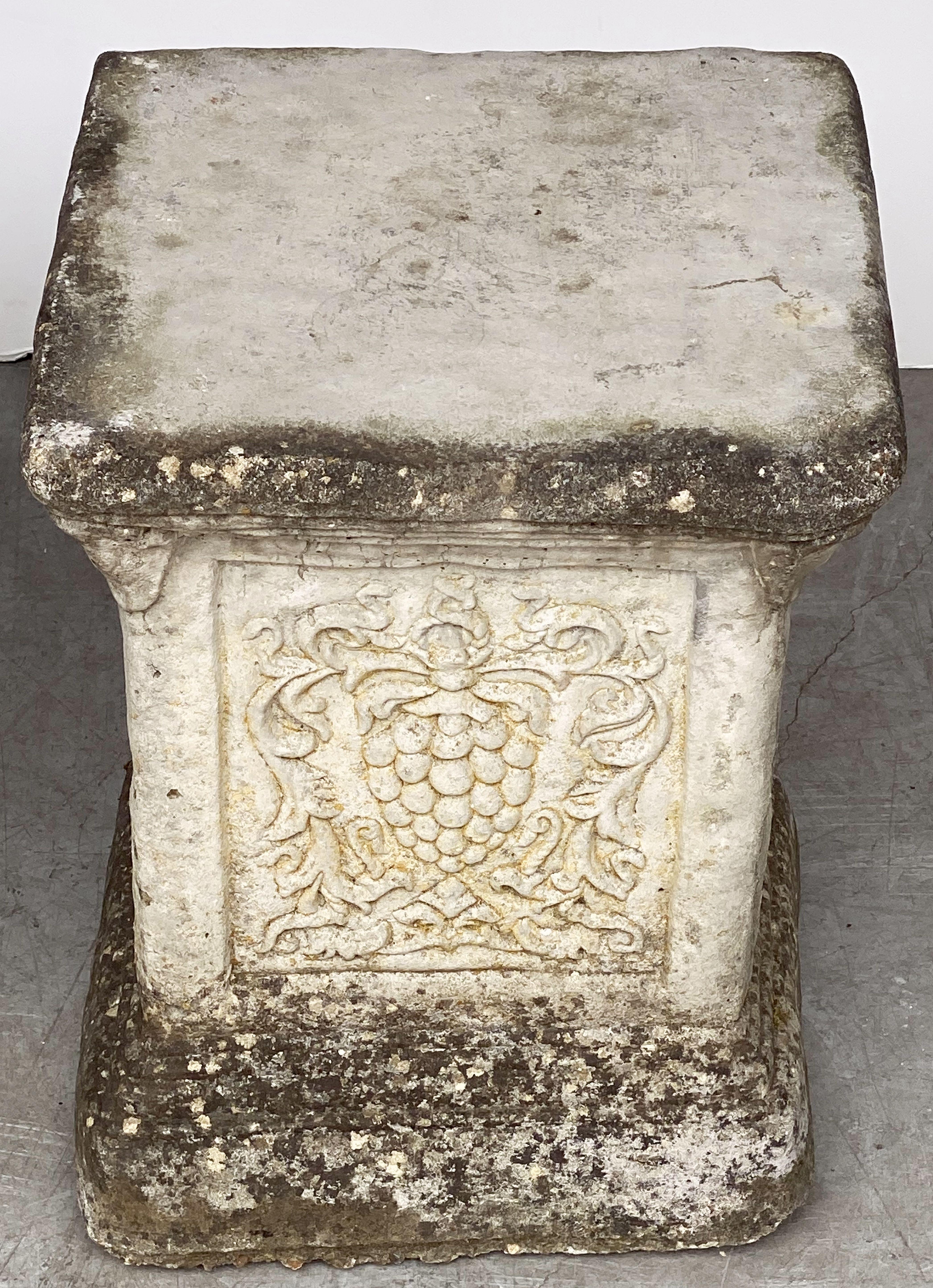 Pair of English Garden Stone Pedestals or Plinths with Grape Motif For Sale 12