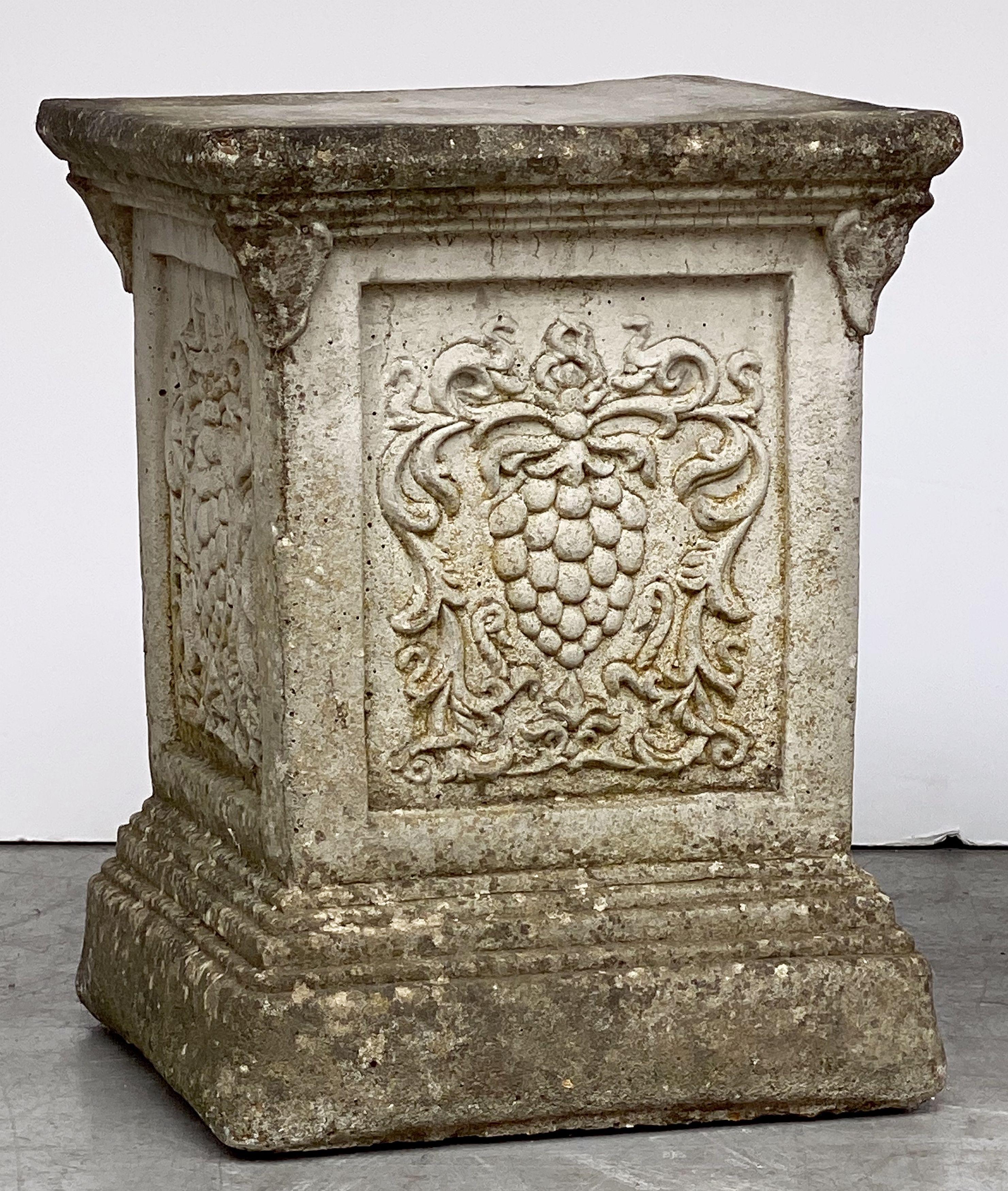 Pair of English Garden Stone Pedestals or Plinths with Grape Motif For Sale 14
