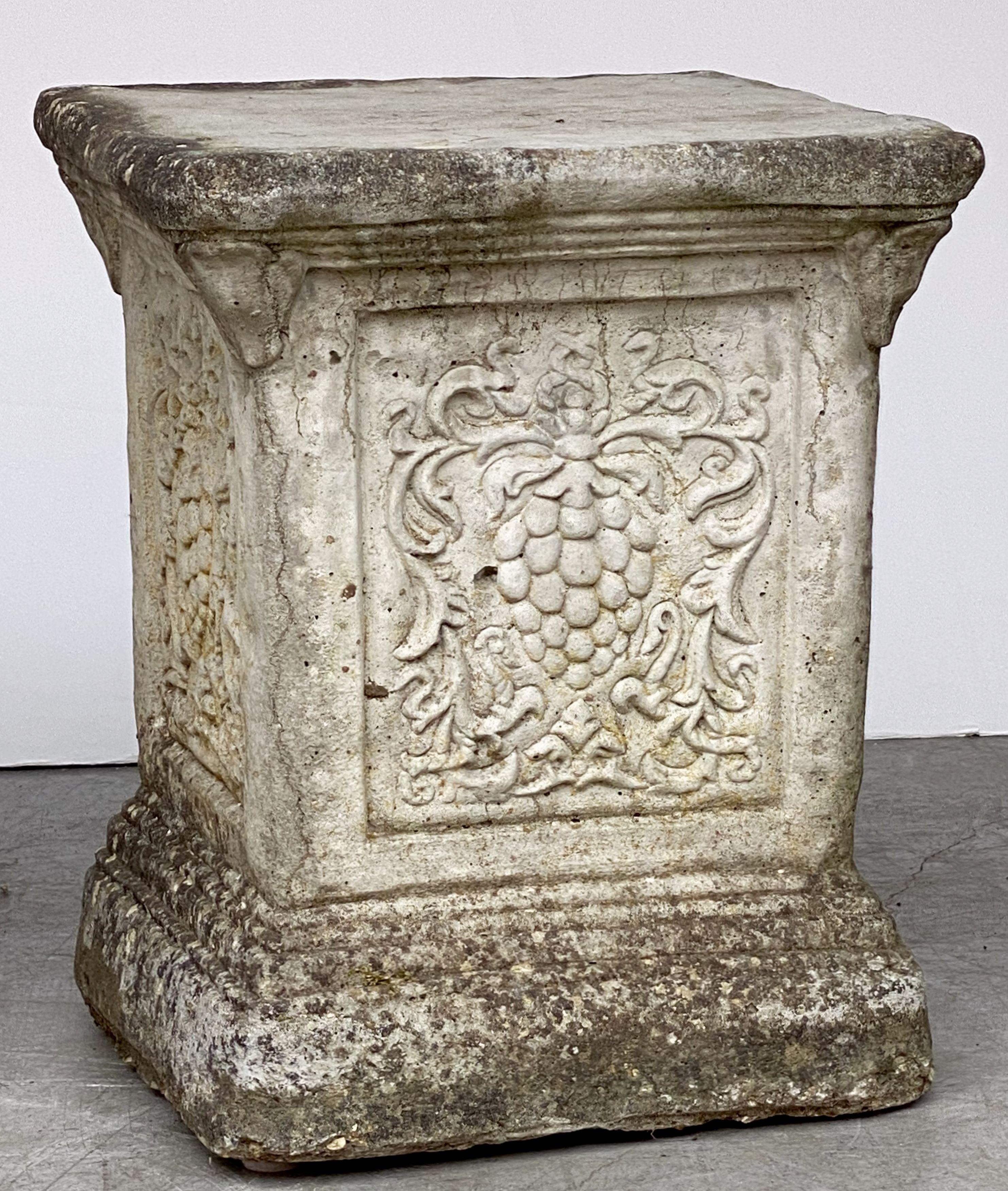 Pair of English Garden Stone Pedestals or Plinths with Grape Motif In Good Condition For Sale In Austin, TX