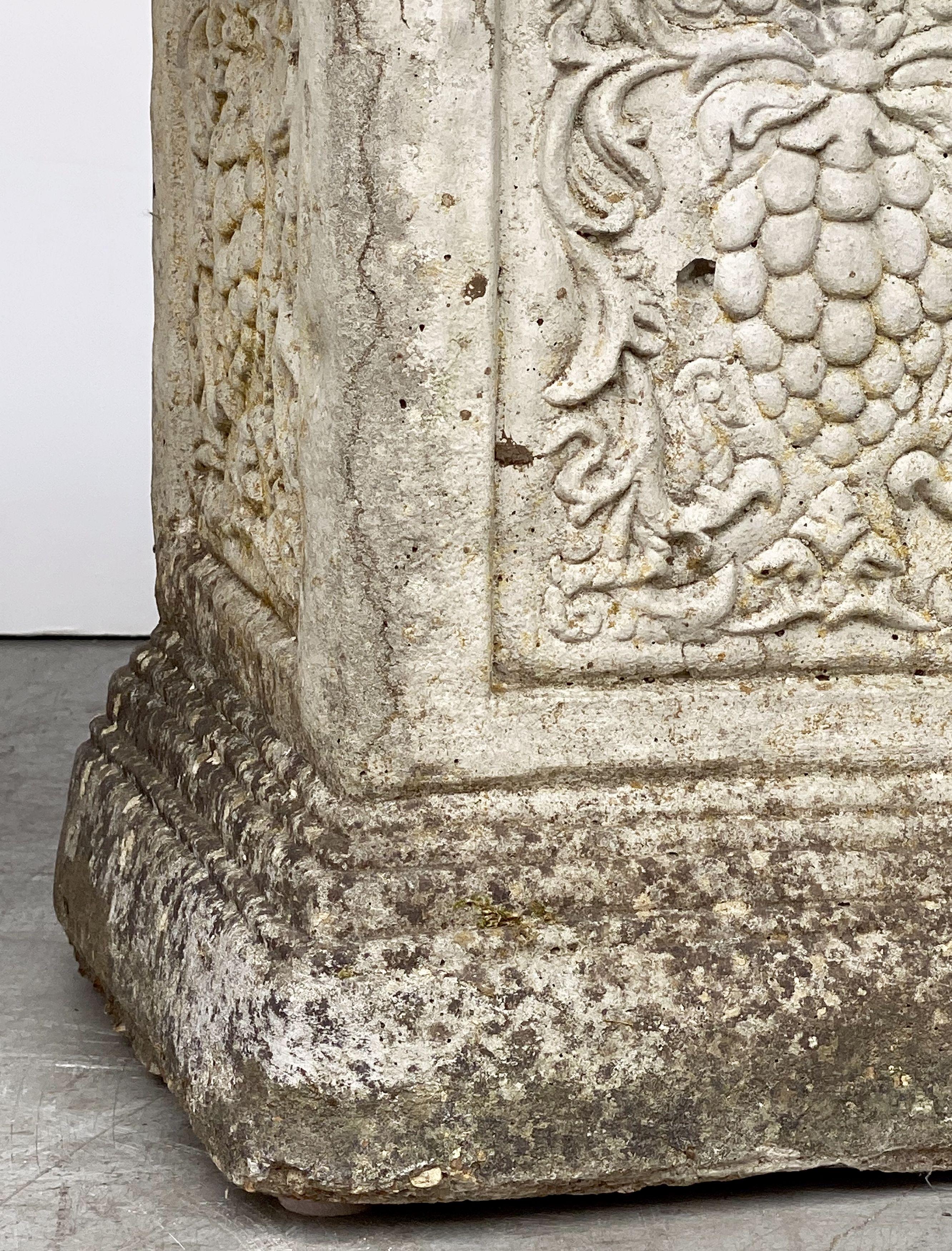 20th Century Pair of English Garden Stone Pedestals or Plinths with Grape Motif For Sale