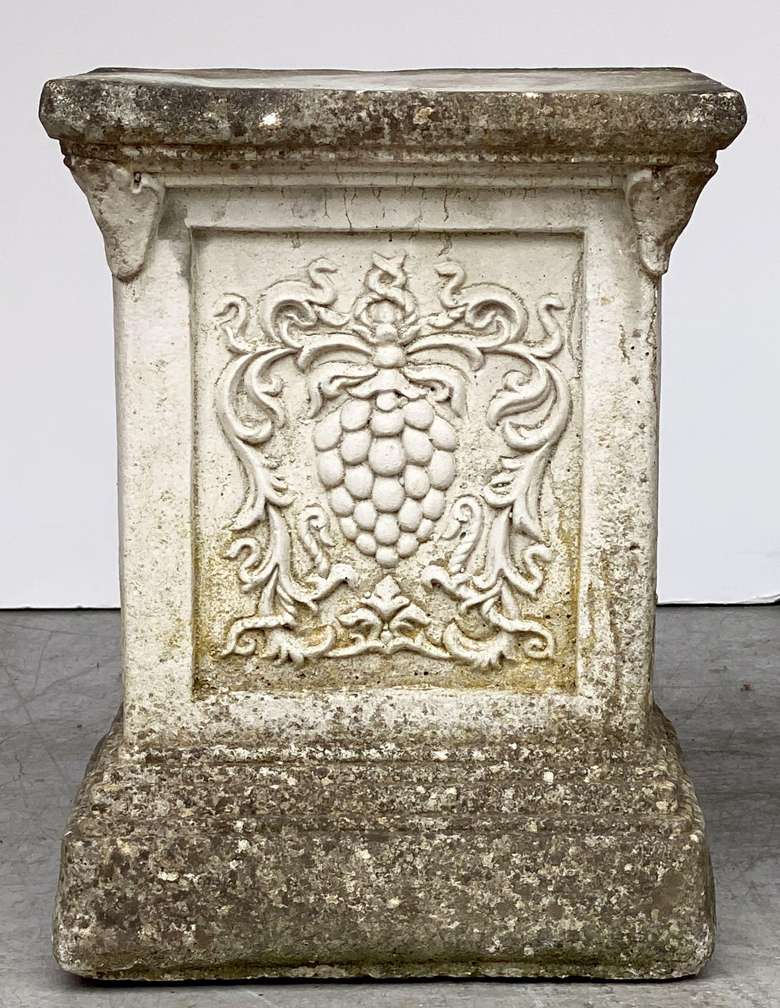 Pair of English Garden Stone Pedestals or Plinths with Grape Motif For Sale 1