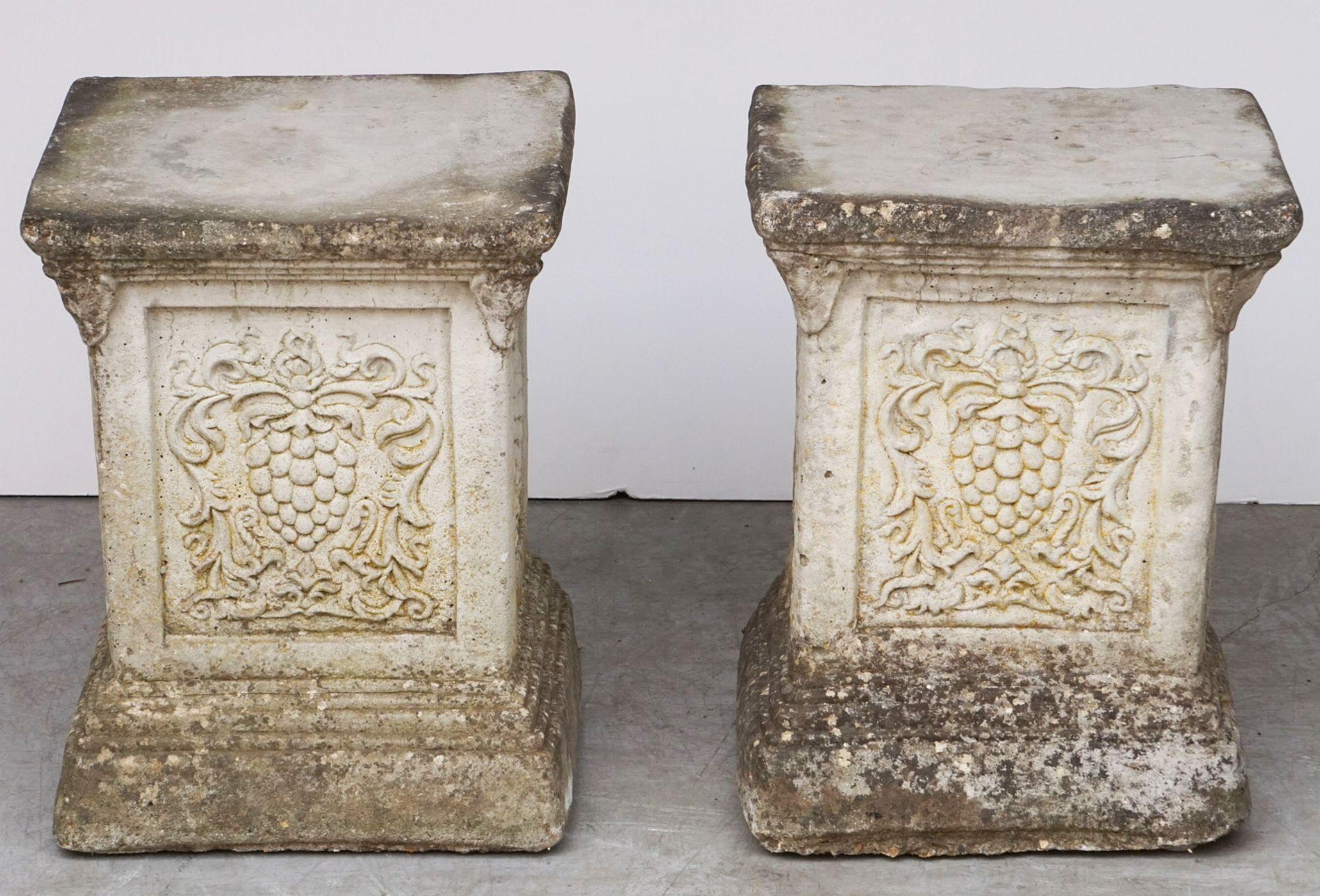 Pair of English Garden Stone Pedestals or Plinths with Grape Motif For Sale 3