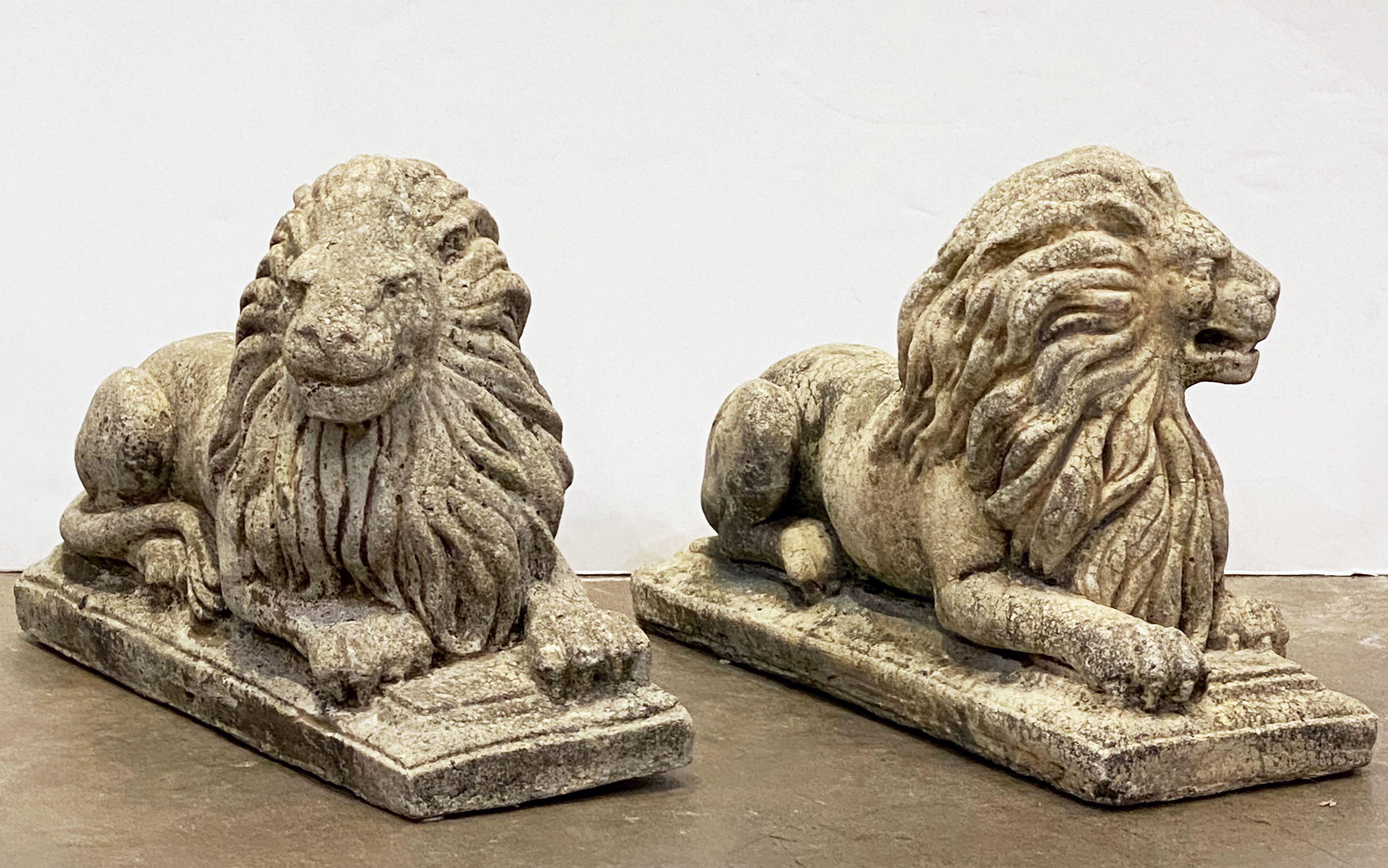 Pair of English Garden Stone Recumbent Lions, Sold as a Pair at 1stDibs