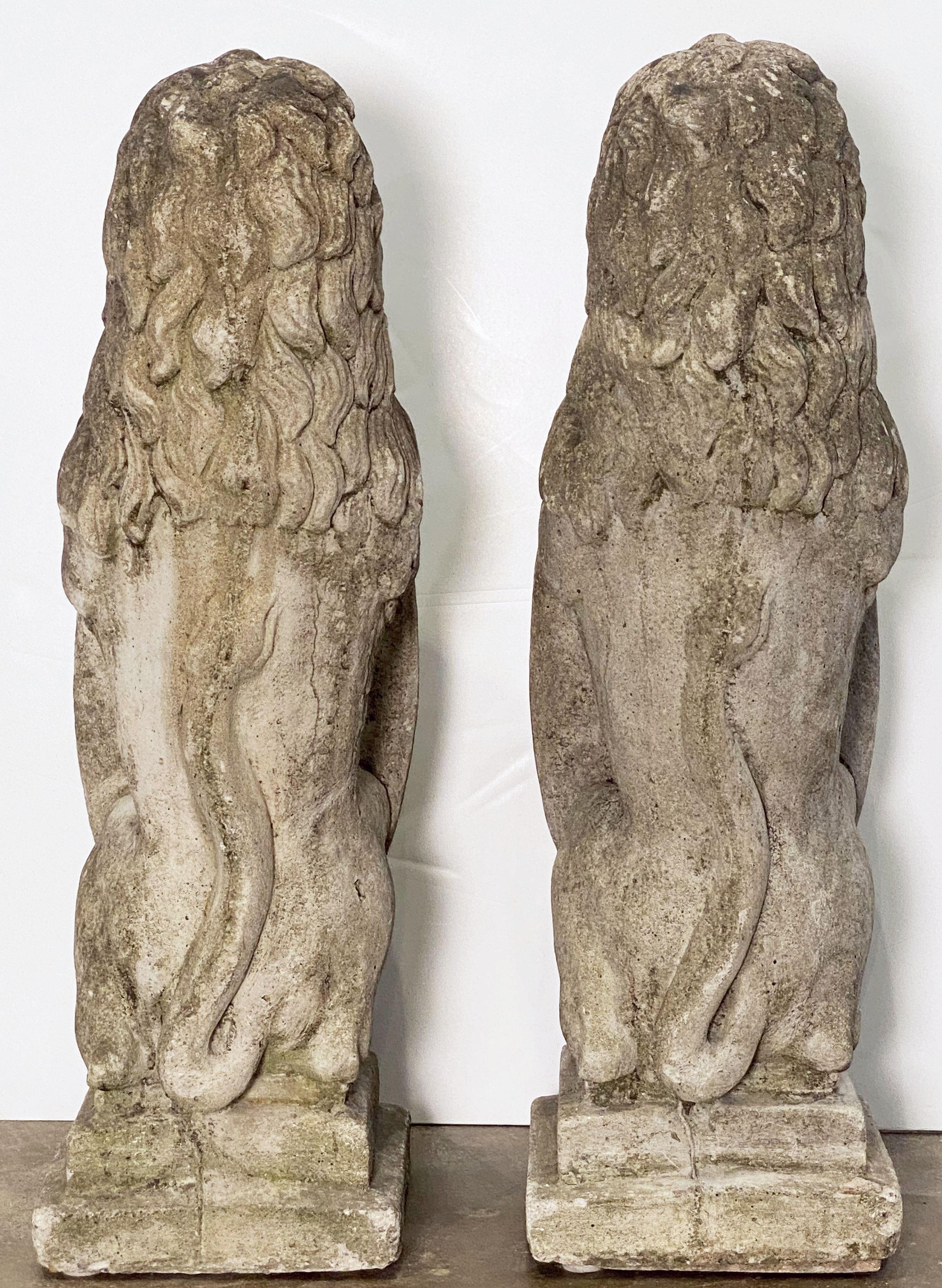 Pair of English Garden Stone Standing Lion Statues with Heraldic Shields  12