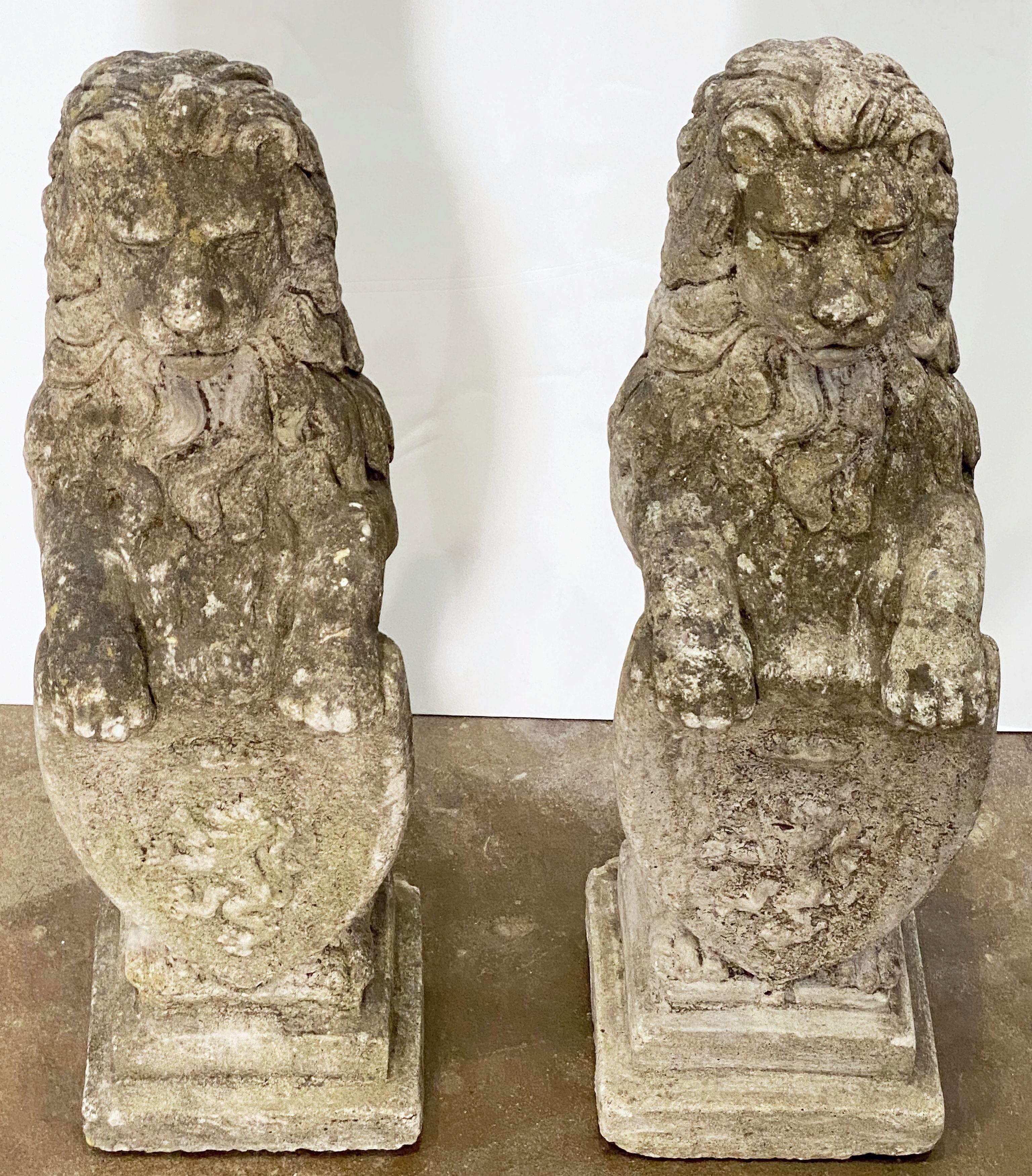 Pair of English Garden Stone Standing Lion Statues with Heraldic Shields  1