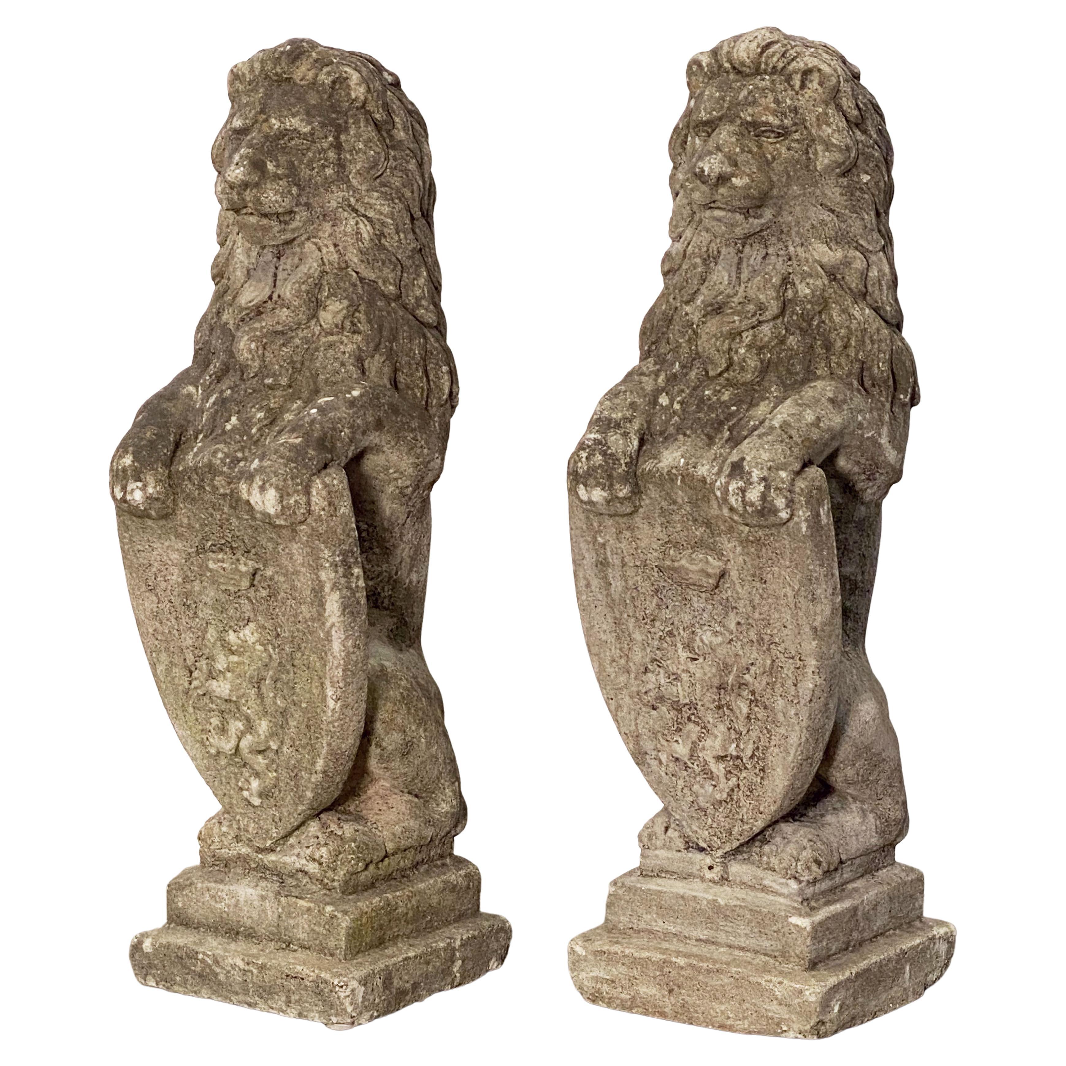 Pair of English Garden Stone Standing Lion Statues with Heraldic Shields 