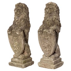 Pair of English Garden Stone Standing Lion Statues with Heraldic Shields 