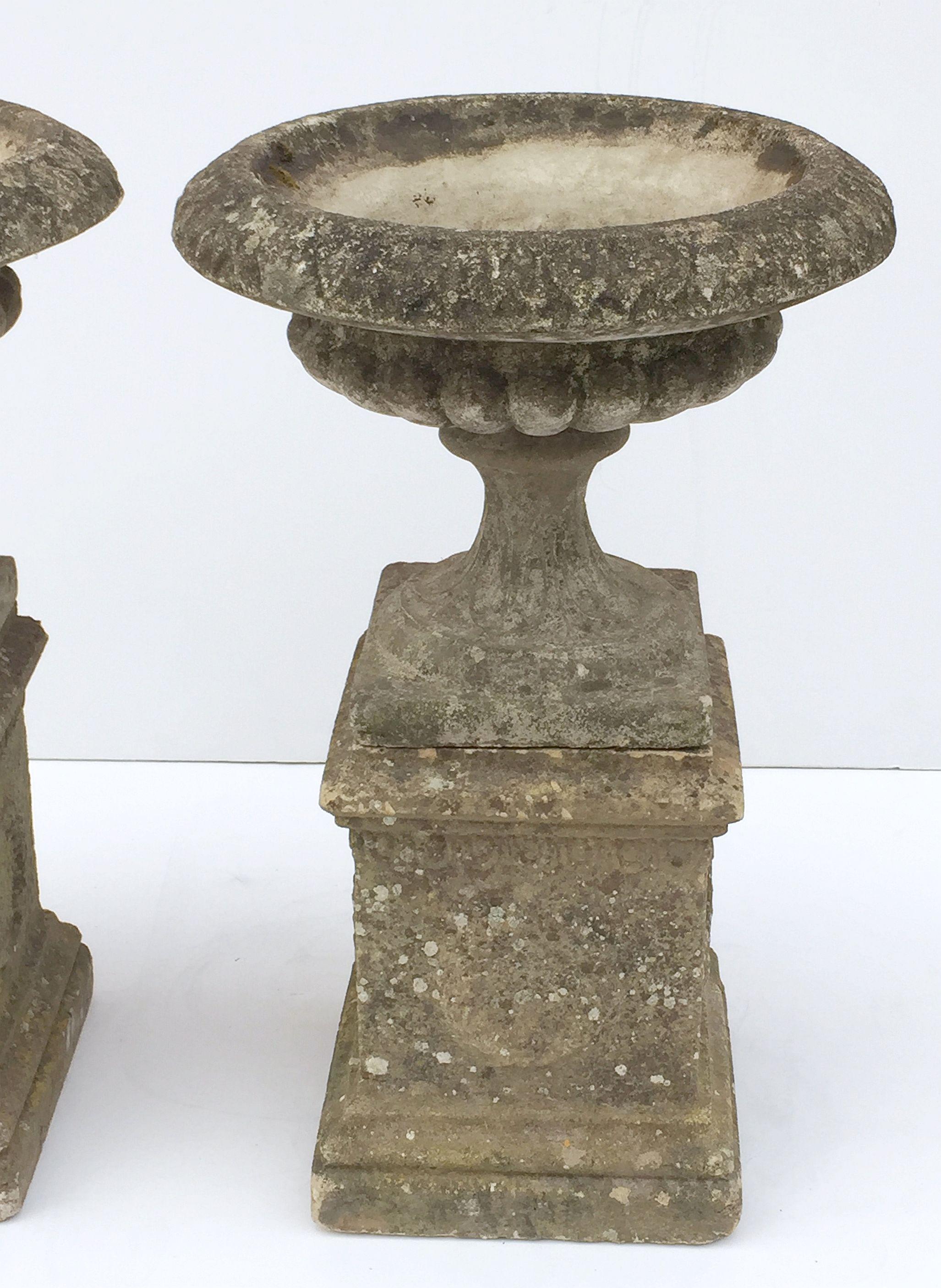 Pair of English Garden Stone Urns on Plinths with Garlands 'Individually Priced' 5