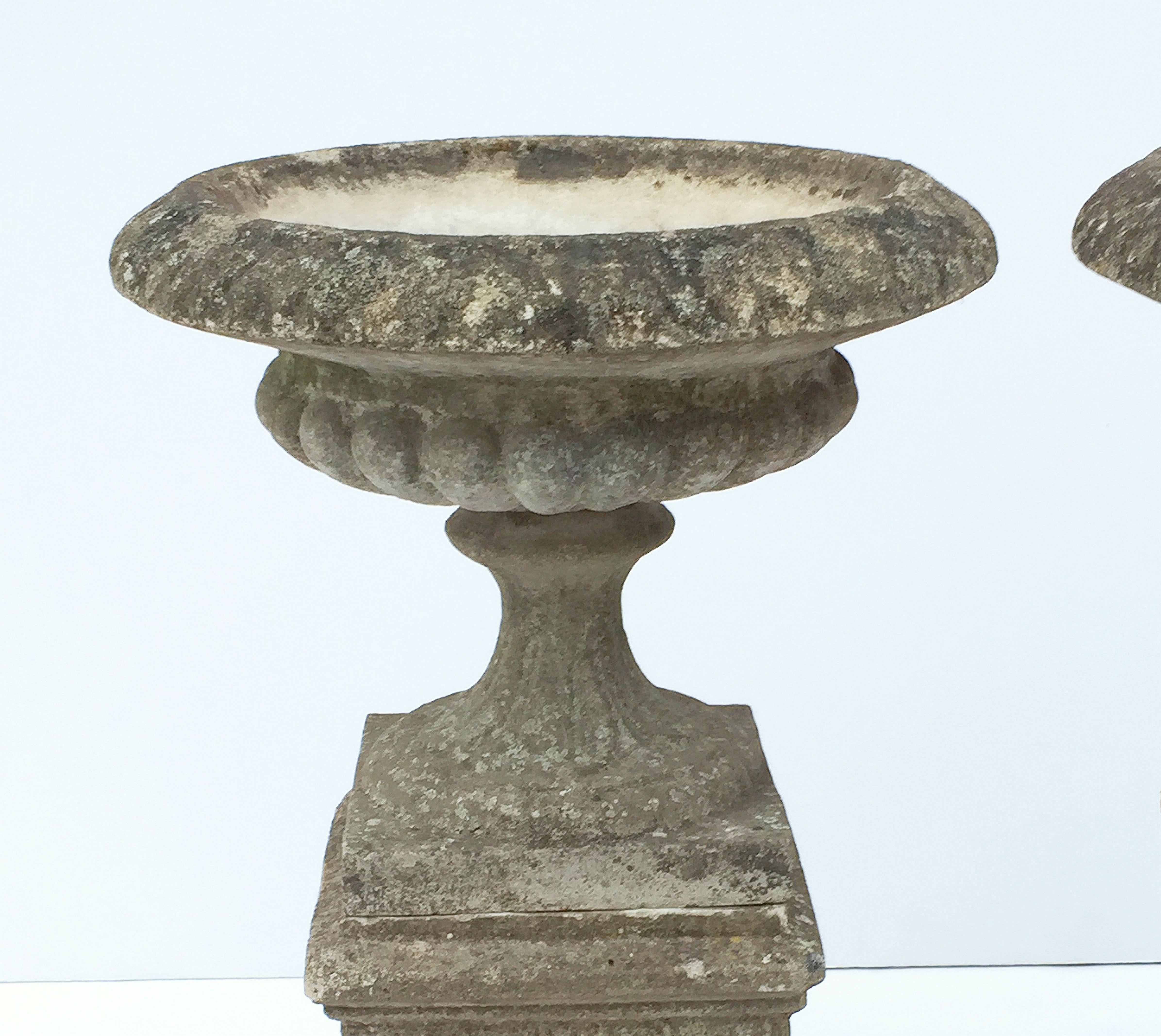 Pair of English Garden Stone Urns on Plinths with Garlands 'Individually Priced' 10