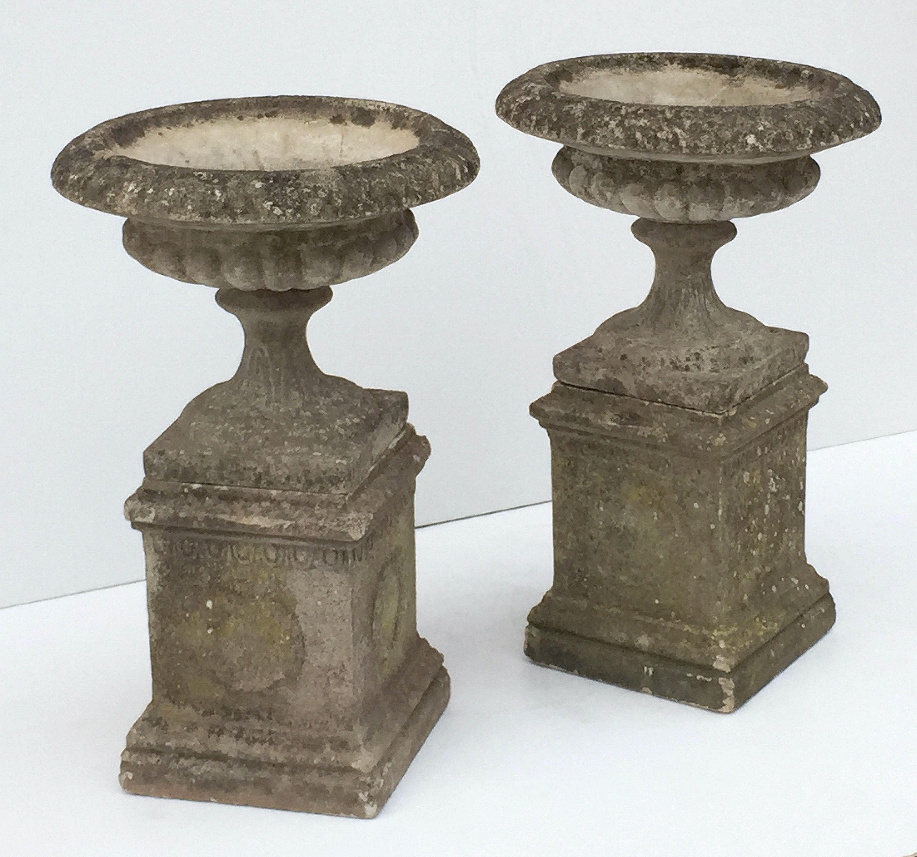 Cast Stone Pair of English Garden Stone Urns on Plinths with Garlands 'Individually Priced'