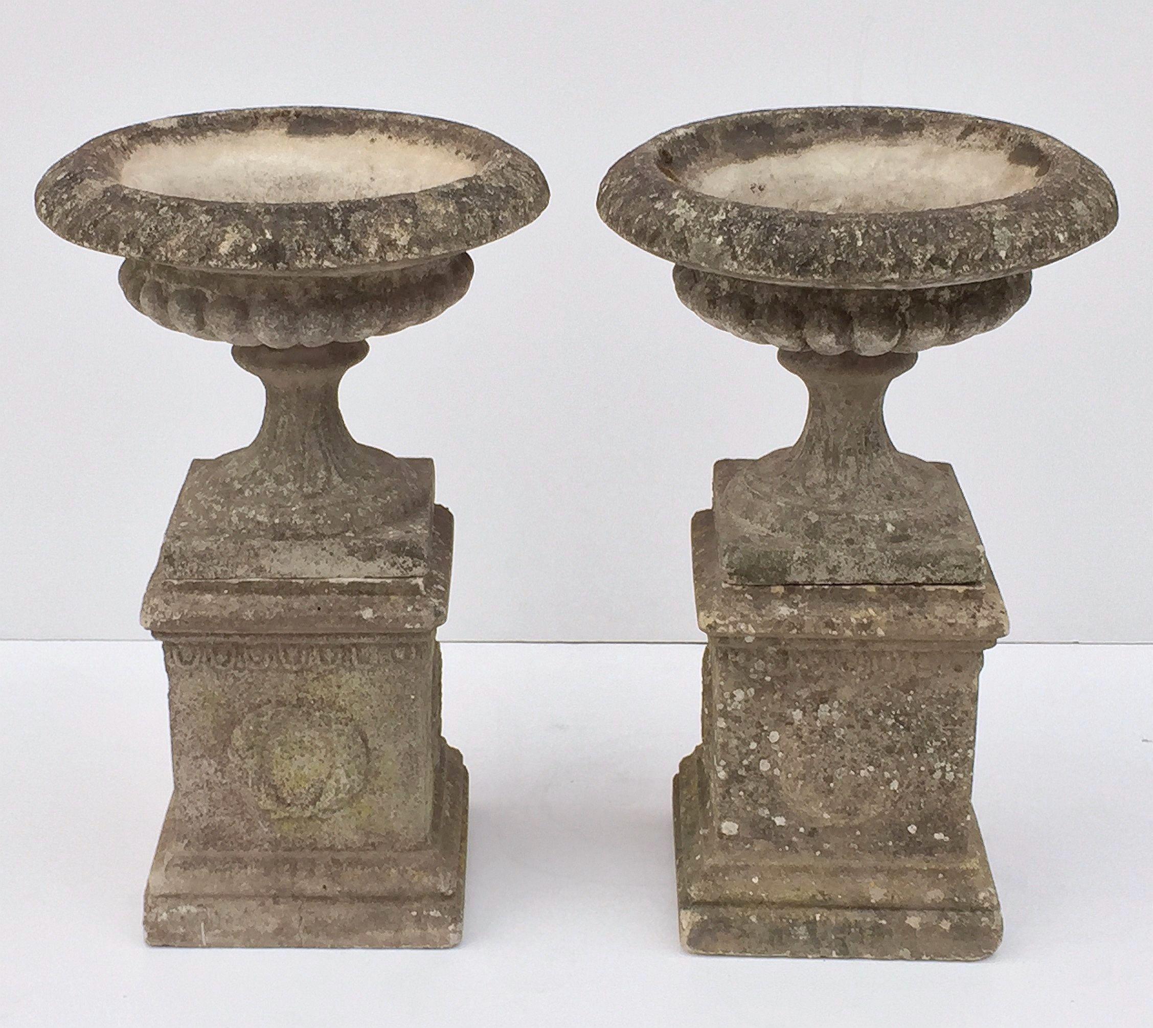Pair of English Garden Stone Urns on Plinths with Garlands 'Individually Priced' 1