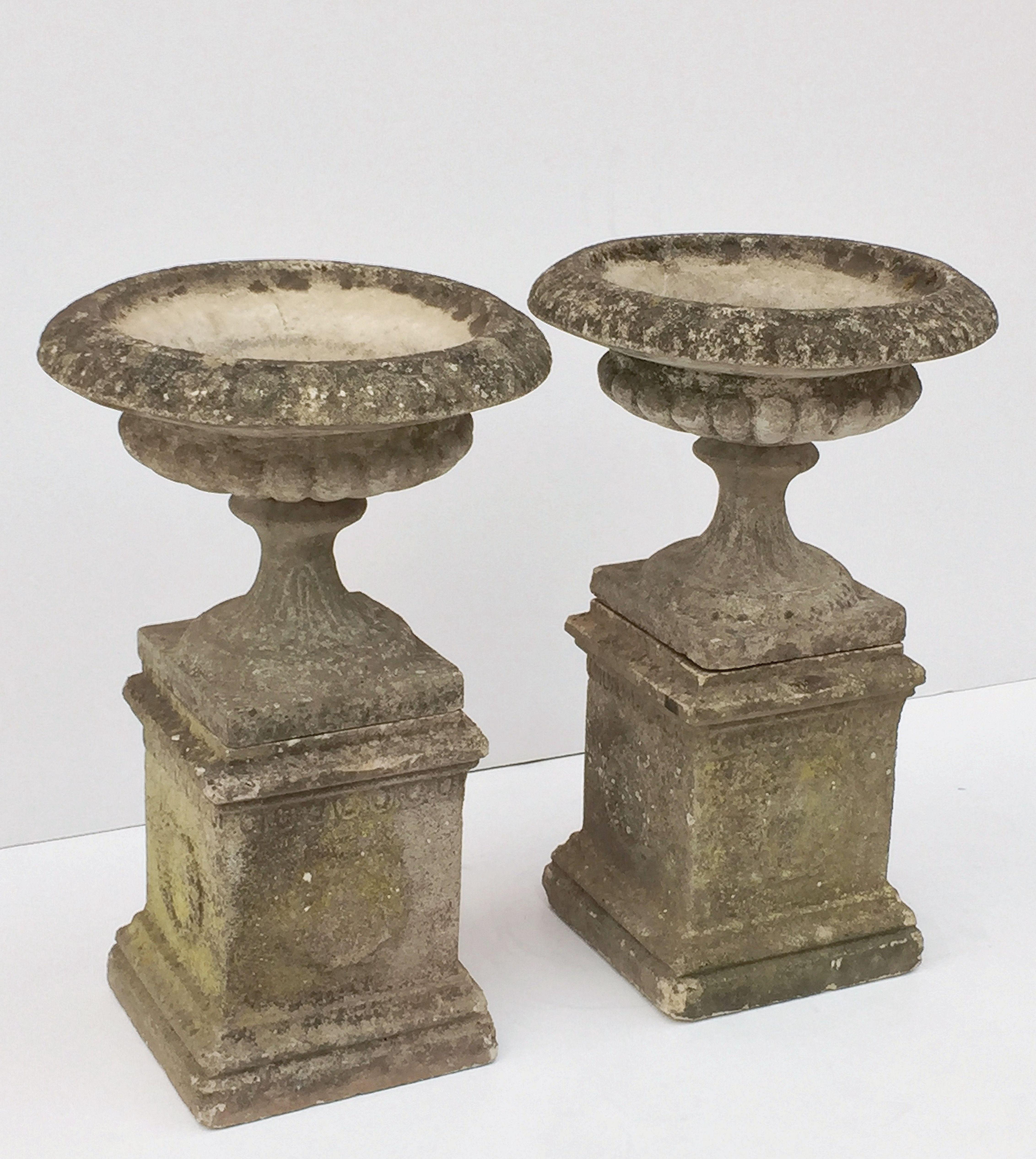Pair of English Garden Stone Urns on Plinths with Garlands 'Individually Priced' 2