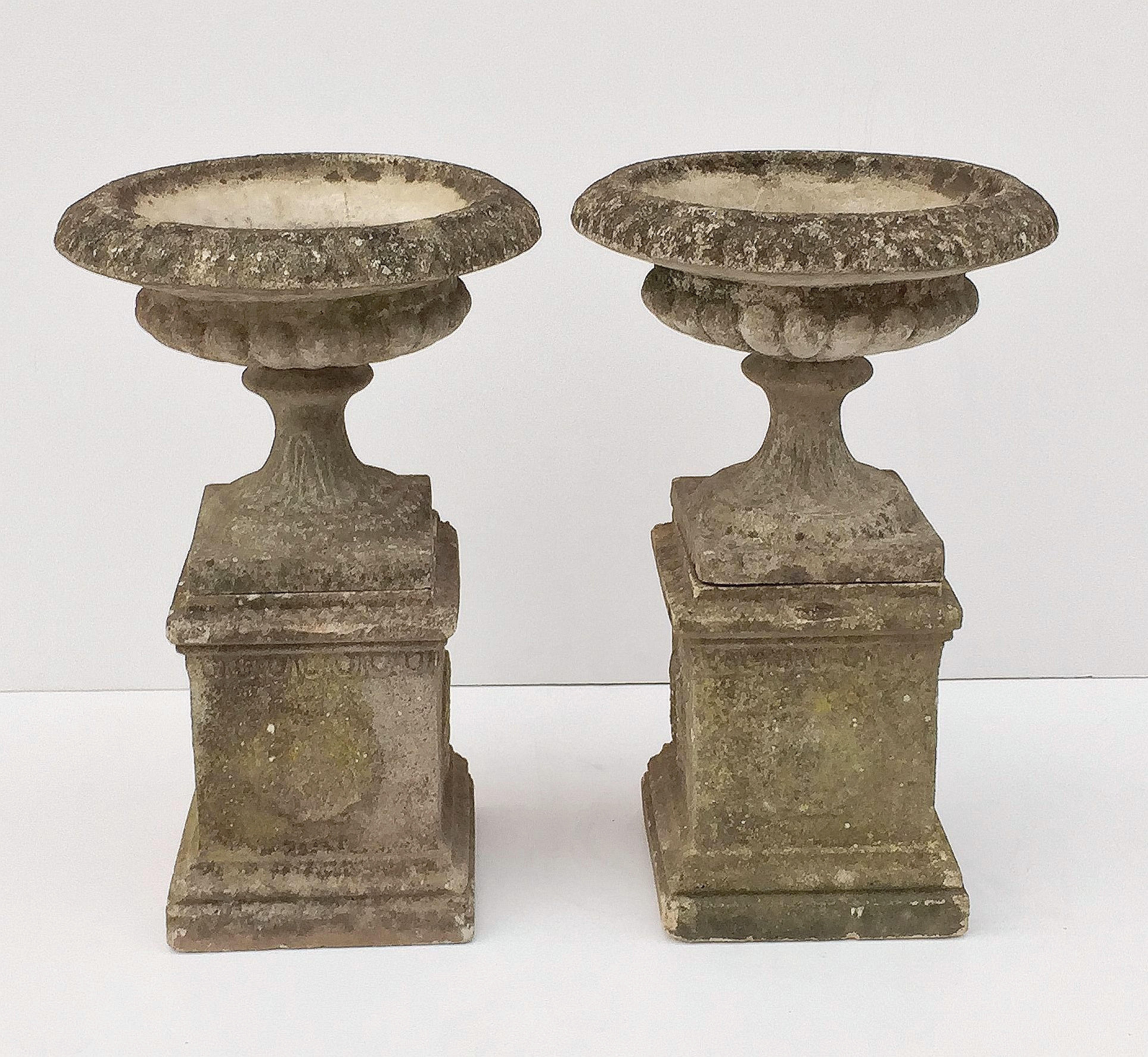 Pair of English Garden Stone Urns on Plinths with Garlands 'Individually Priced' 3