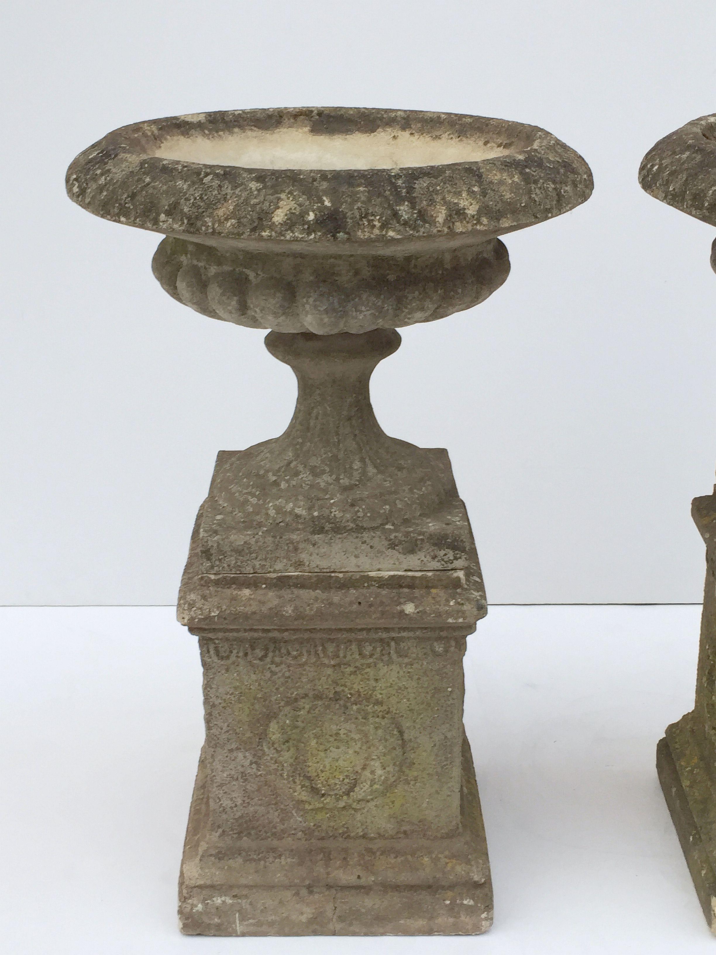 Pair of English Garden Stone Urns on Plinths with Garlands 'Individually Priced' 4