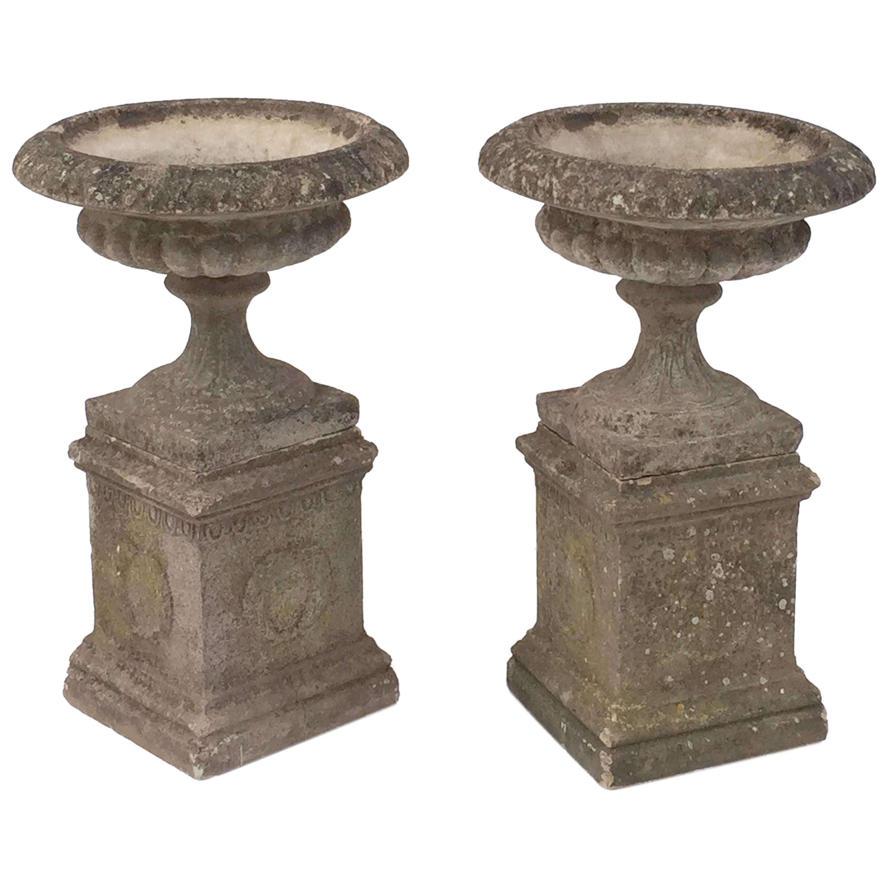 Pair of English Garden Stone Urns on Plinths with Garlands 'Individually Priced'