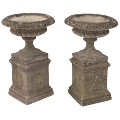 Pair of English Garden Stone Urns on Plinths with Garlands 'Individually Priced'