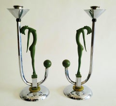 Pair of English Gec Art Deco Chrome, Bakelite & Hagenauer Figure Candlesticks