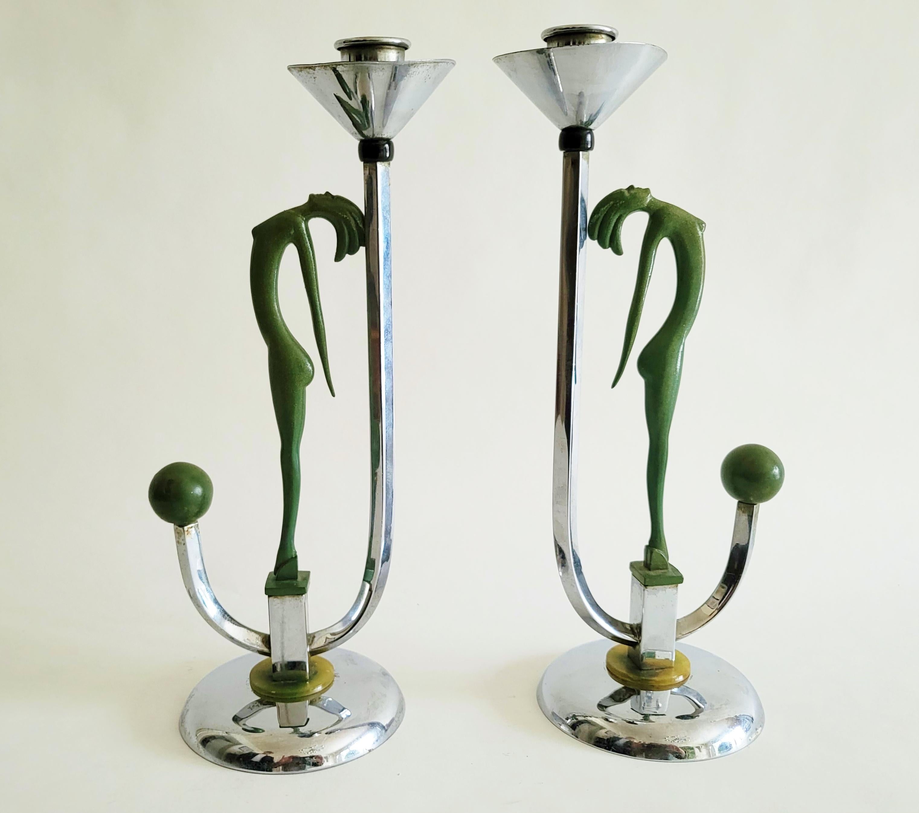 Pair of English Gec Art Deco Chrome, Bakelite & Hagenauer Figure Candlesticks In Good Condition For Sale In Port Hope, ON