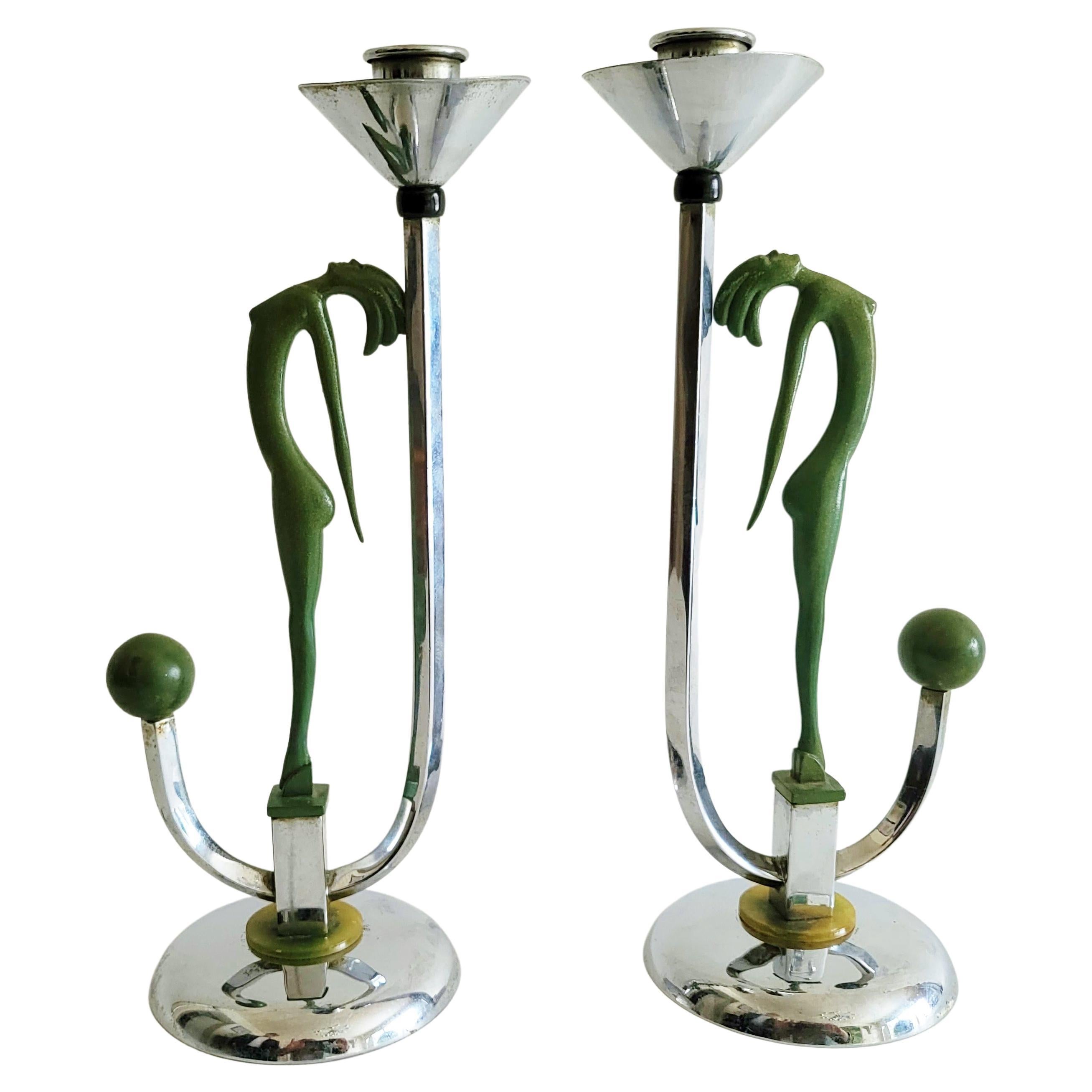 Pair of English Gec Art Deco Chrome, Bakelite & Hagenauer Figure Candlesticks