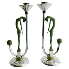 Vintage Pair of English Gec Art Deco Chrome, Bakelite & Hagenauer Figure Candlesticks