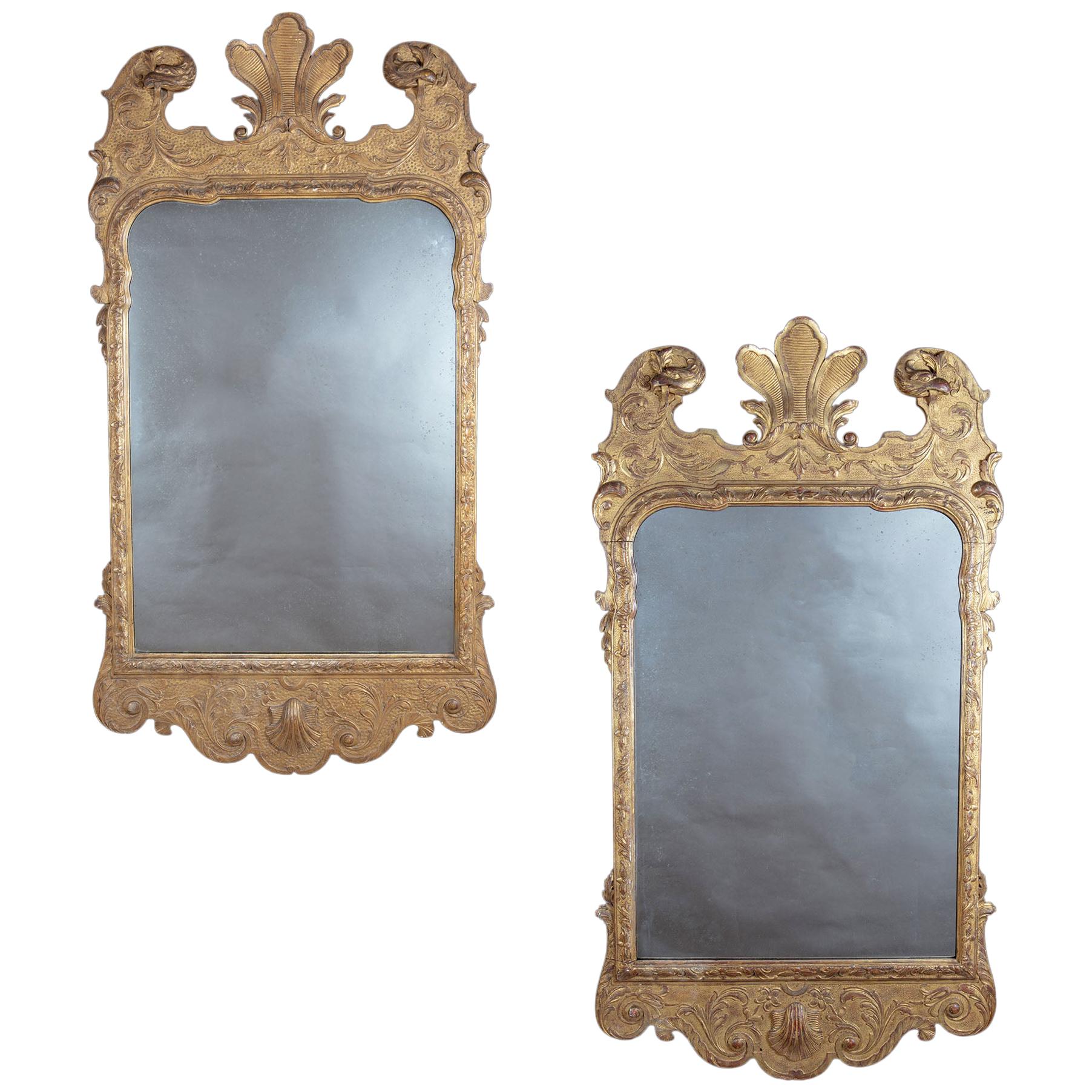 Pair of English George I Style Giltwood Mirrors