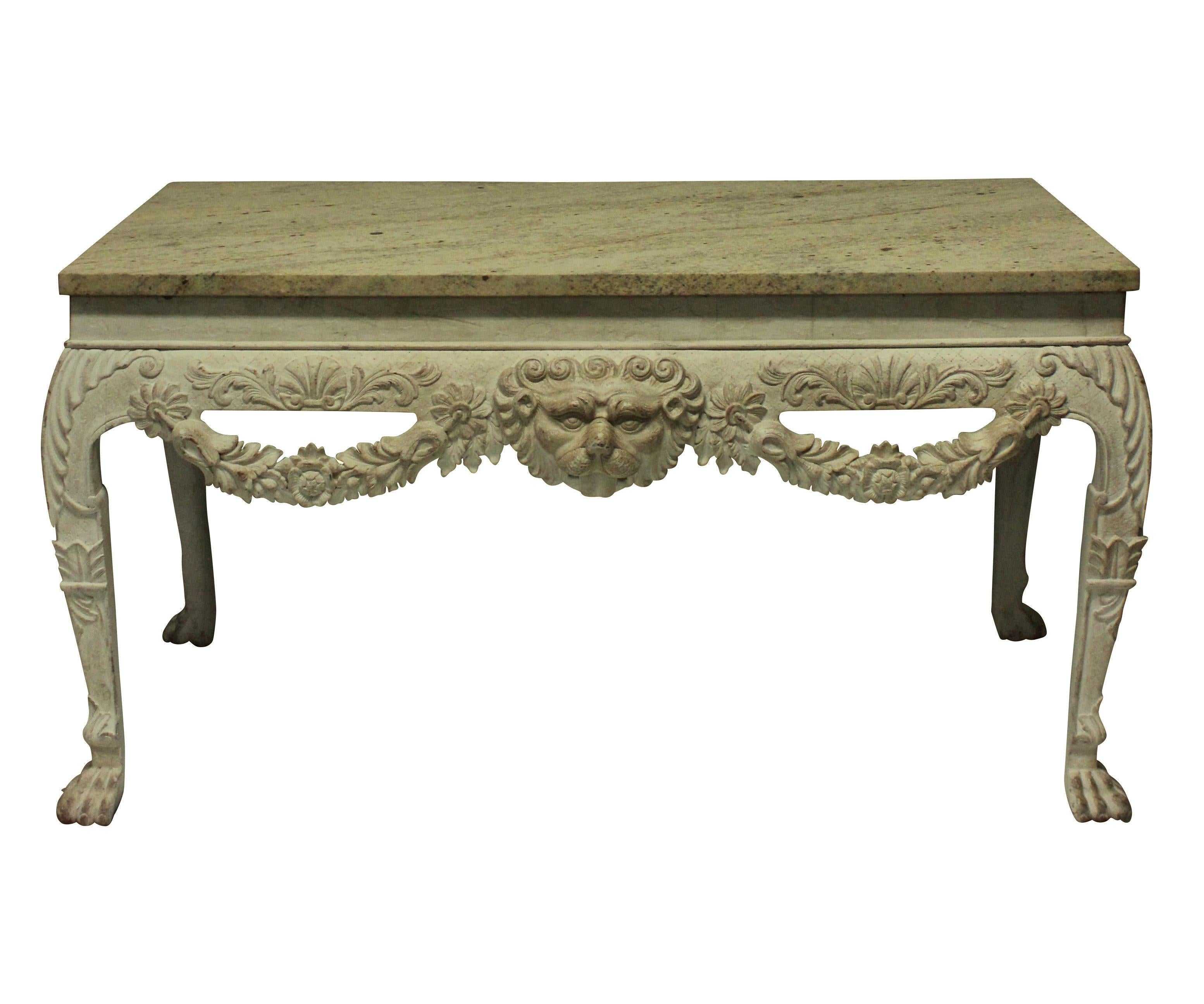 Mid-20th Century Pair of English George I Style Painted and Carved Mahogany Console Tables