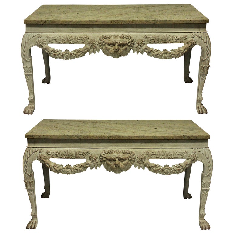 Pair of English George I Style Painted and Carved Mahogany Console ...