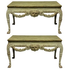 Pair of English George I Style Painted and Carved Mahogany Console Tables