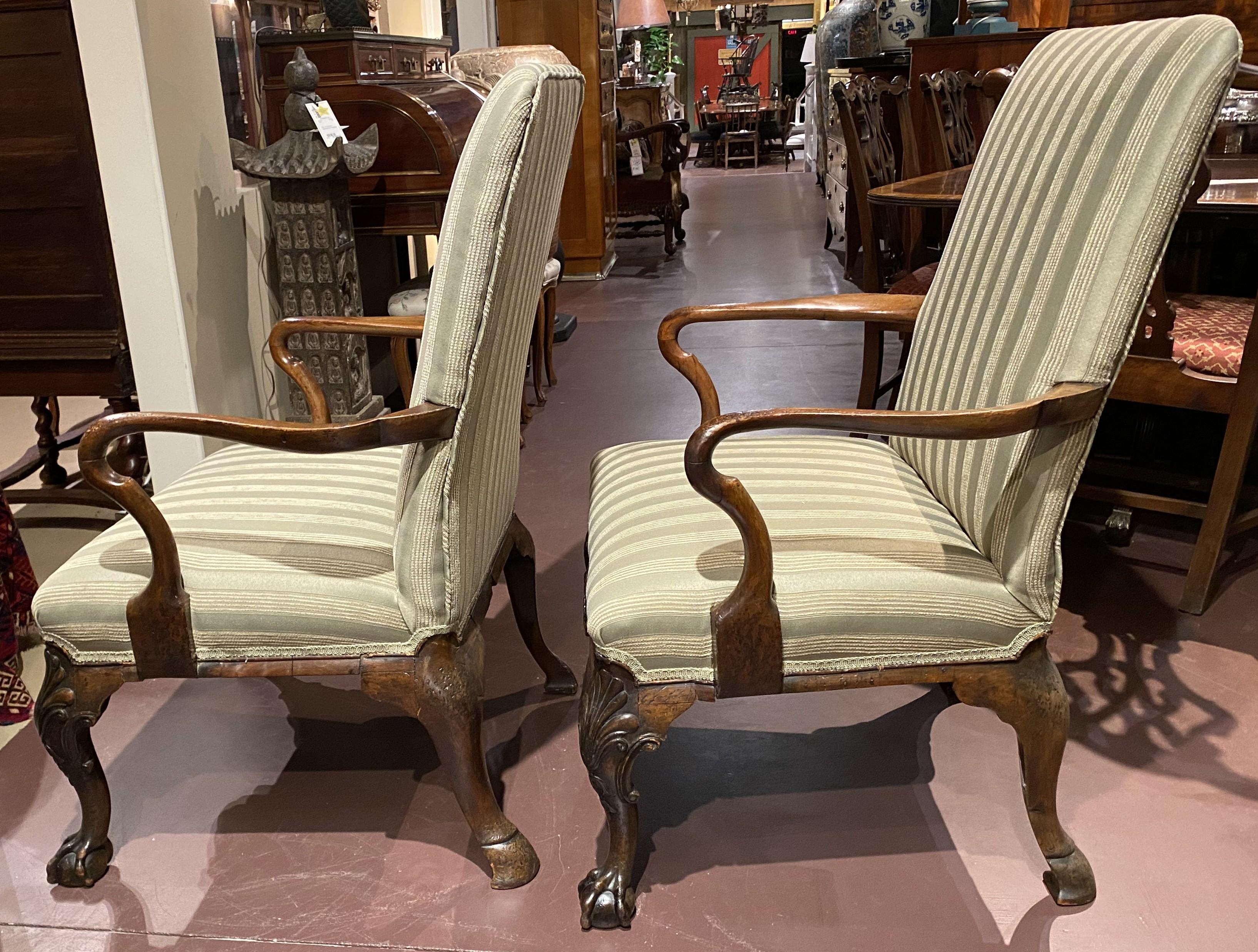 Pair of English George I Style Walnut Library Armchairs with New Upholstery 6