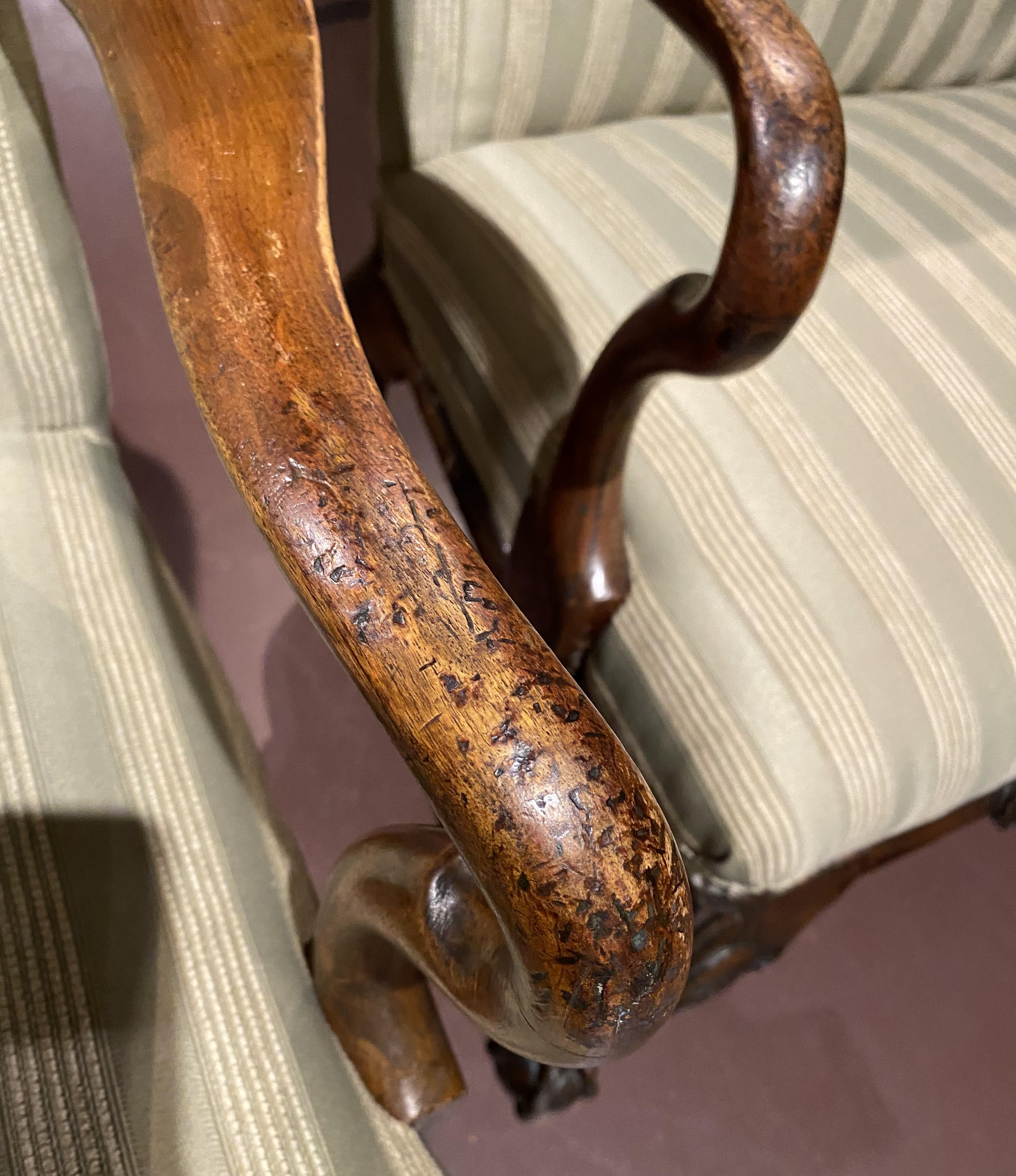 Pair of English George I Style Walnut Library Armchairs with New Upholstery 10