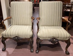 Pair of English George I Style Walnut Library Armchairs with New Upholstery