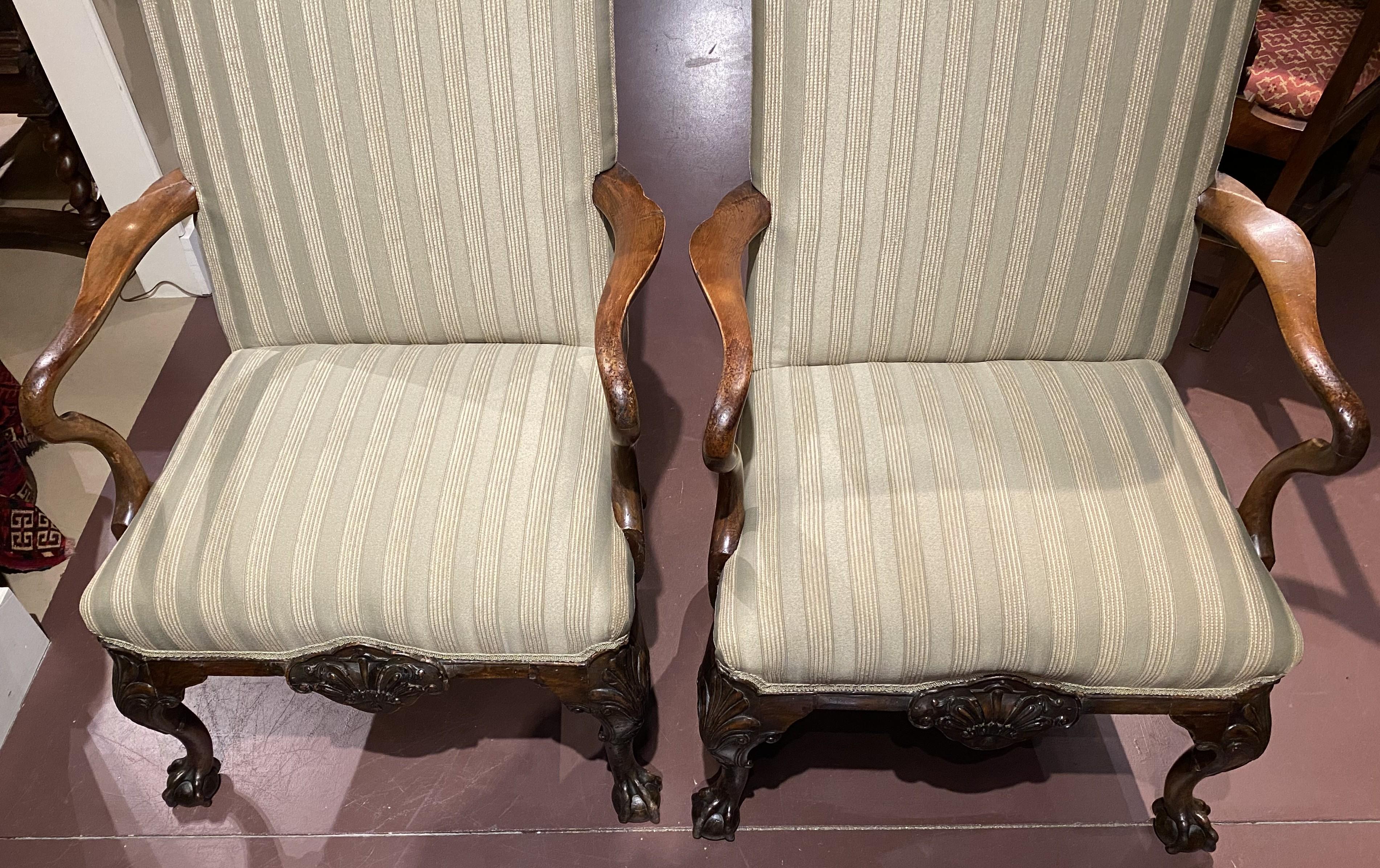 Pair of English George I Style Walnut Library Armchairs with New Upholstery In Good Condition In Milford, NH