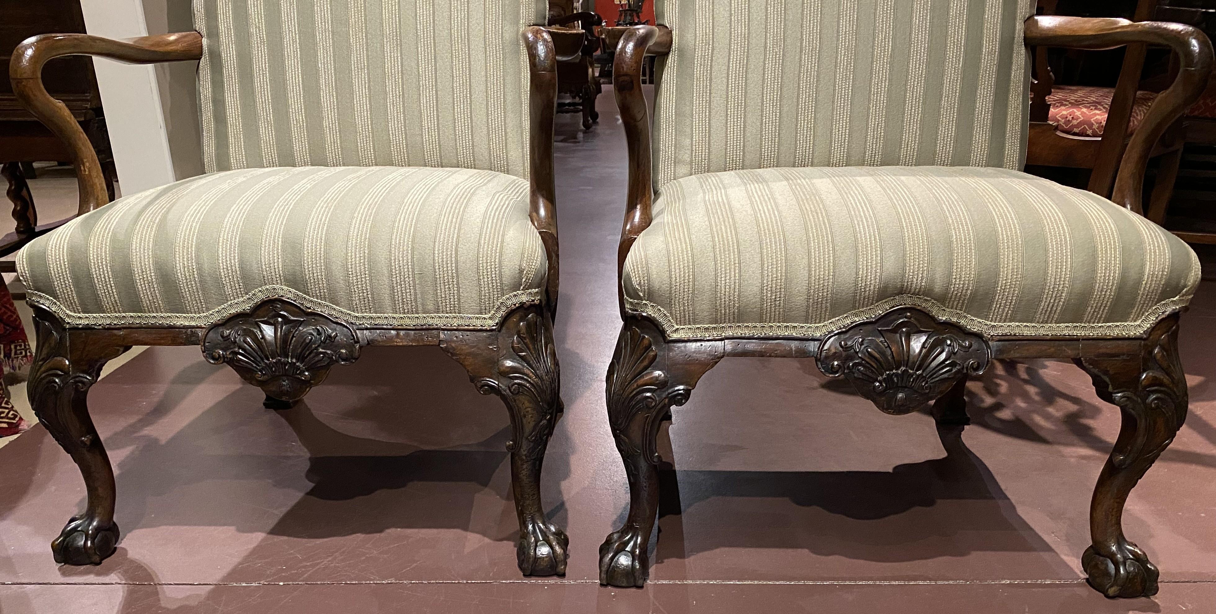 19th Century Pair of English George I Style Walnut Library Armchairs with New Upholstery