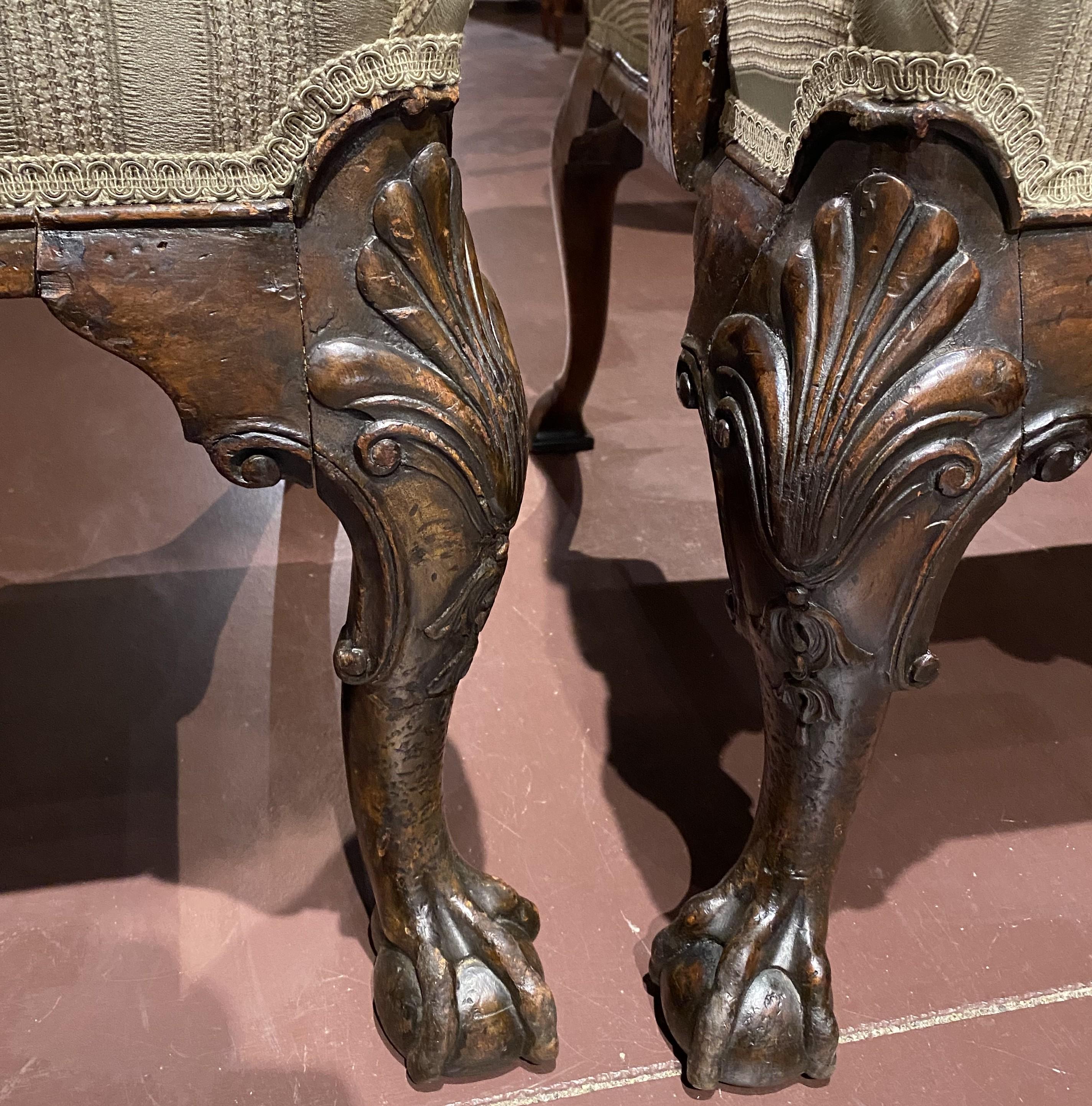 Pair of English George I Style Walnut Library Armchairs with New Upholstery 2