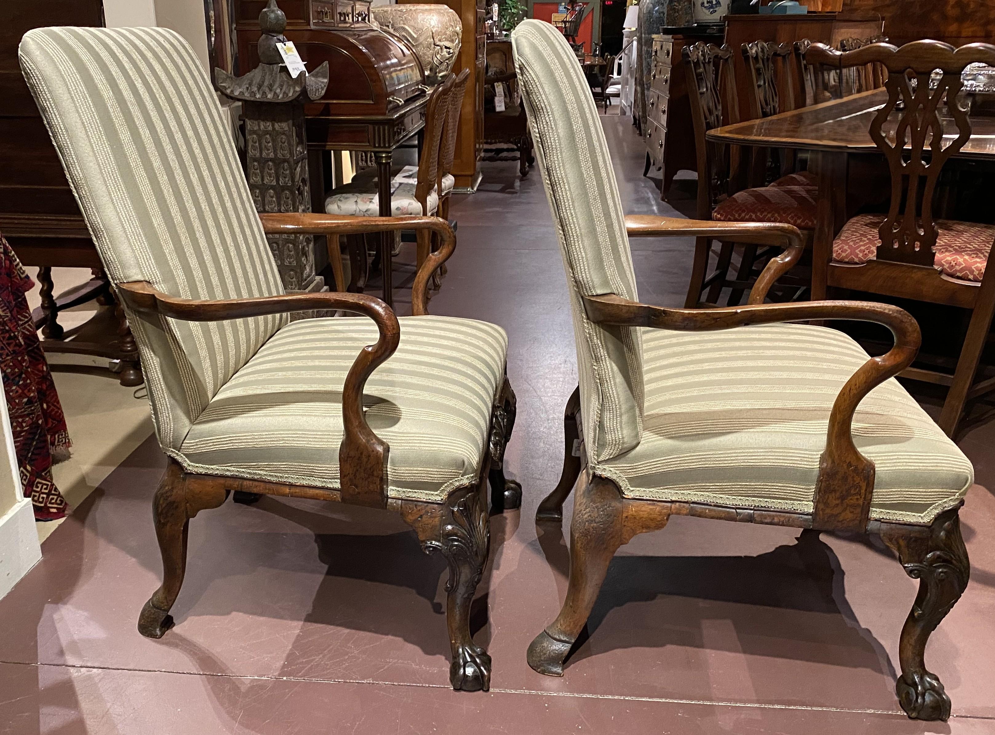Pair of English George I Style Walnut Library Armchairs with New Upholstery 4