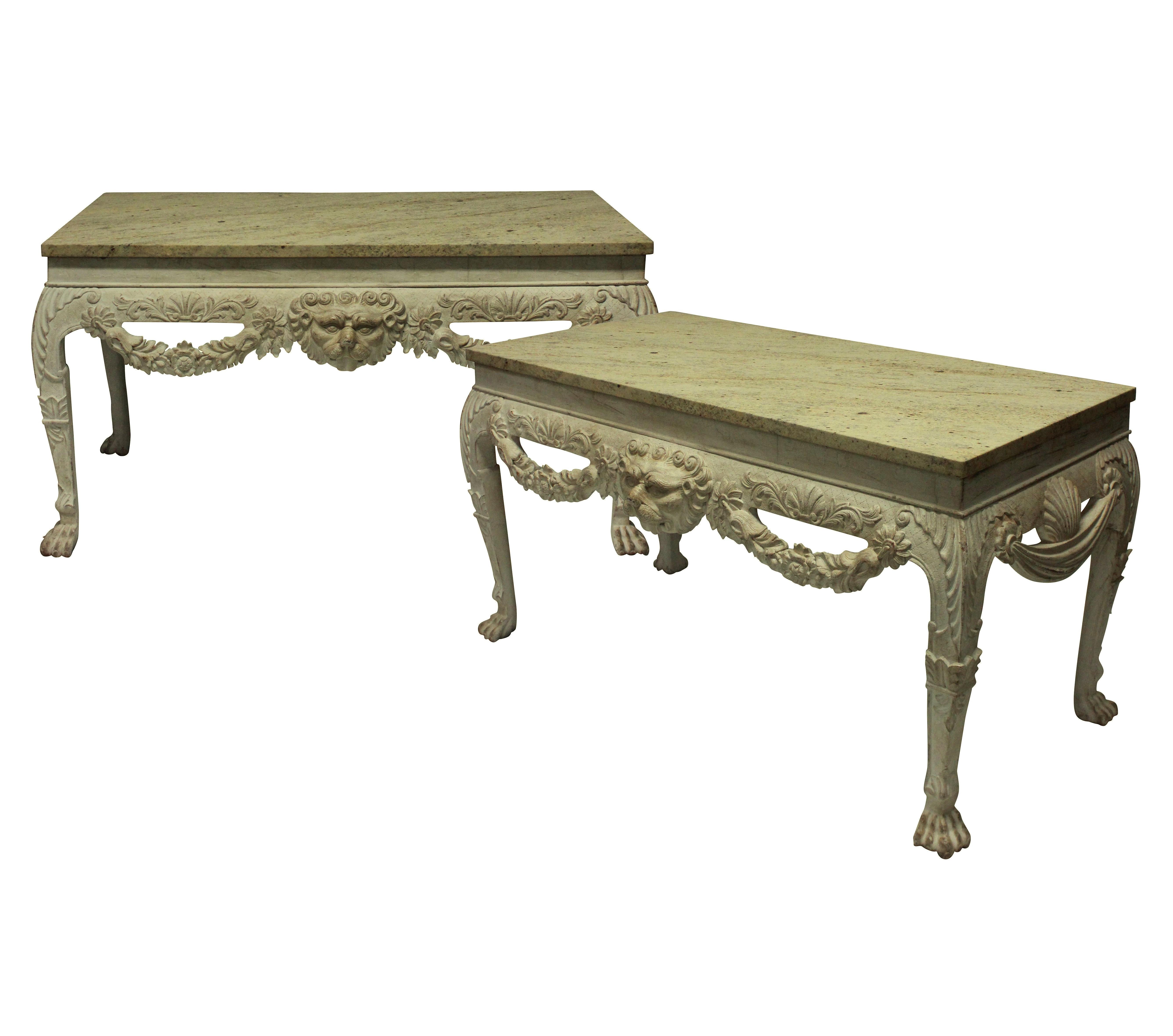 Mid-20th Century Pair of English George II Style Painted and Carved Mahogany Console Tables
